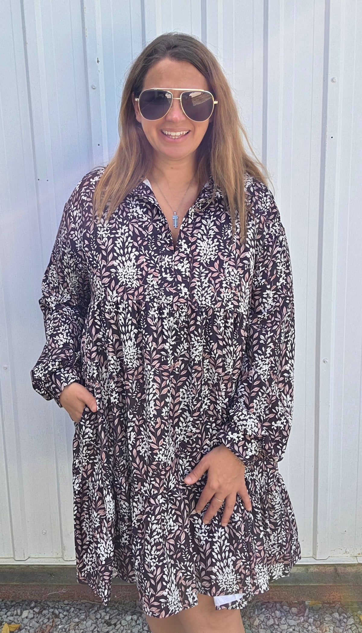 Black Collared Notch Neck Babydoll Long Sleeve Floral Print Knee Length Woven Dress
