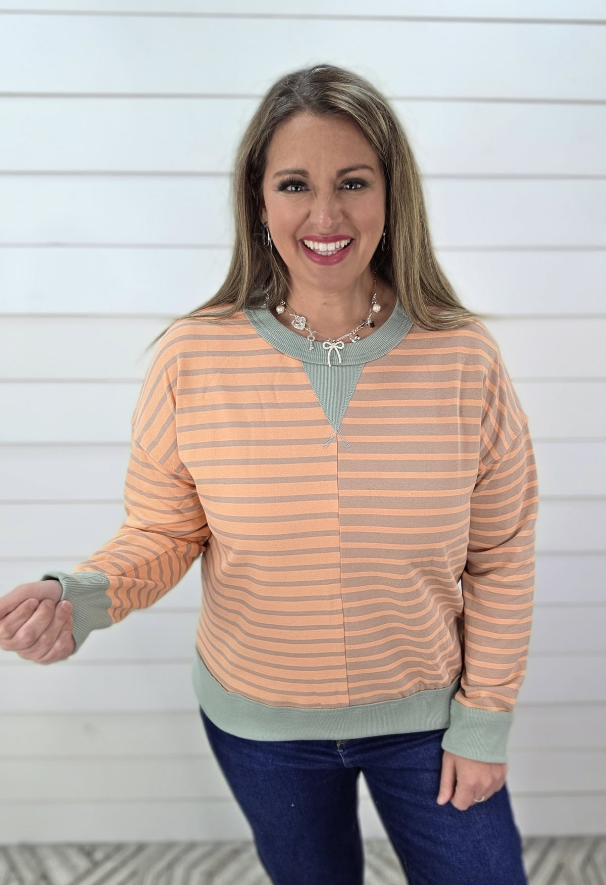 ORANGE/SAGE STRIPED COLORBLOCK CONTRAST FRENCH TERRY TOP