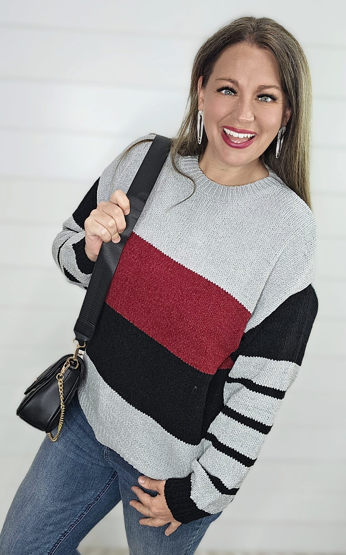 CHARCOAL/BURG/BLACK COLORBLOCK STRIPED SWEATER