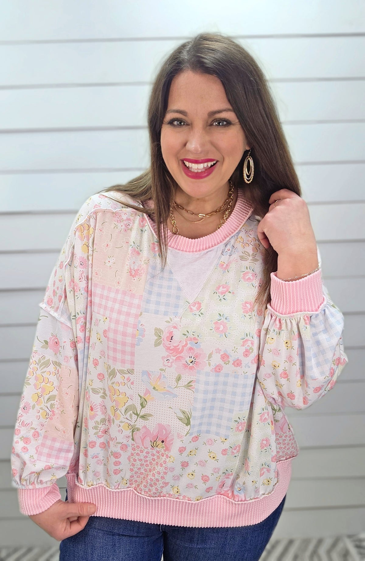 BLUSH/PINK PATCHWORK PRINTED LOOSE FIT TOP