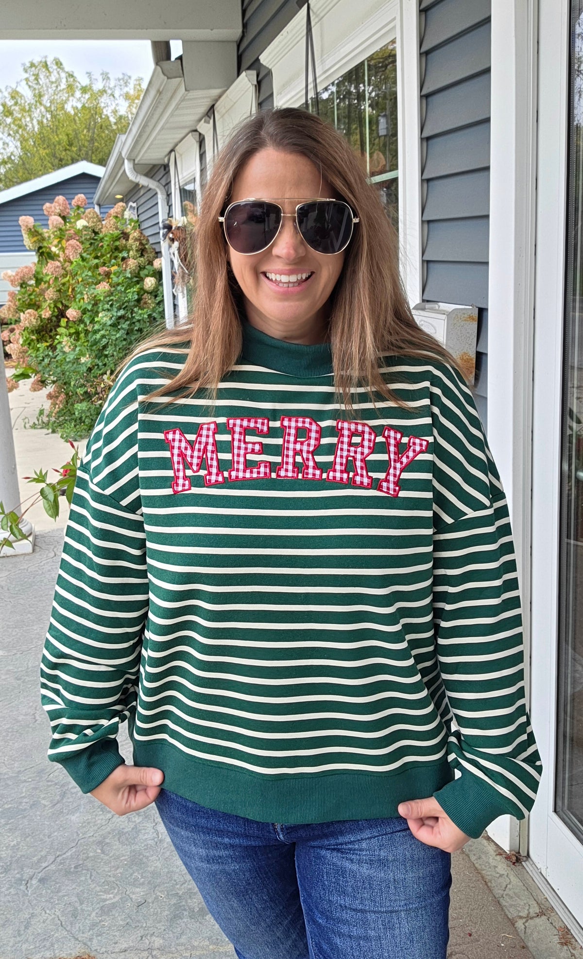 Hunter Green Ribbed Crew Neck Drop Shoulder Long Sleeve With Ribbed Cuffs And Hemline Stripe Pullover