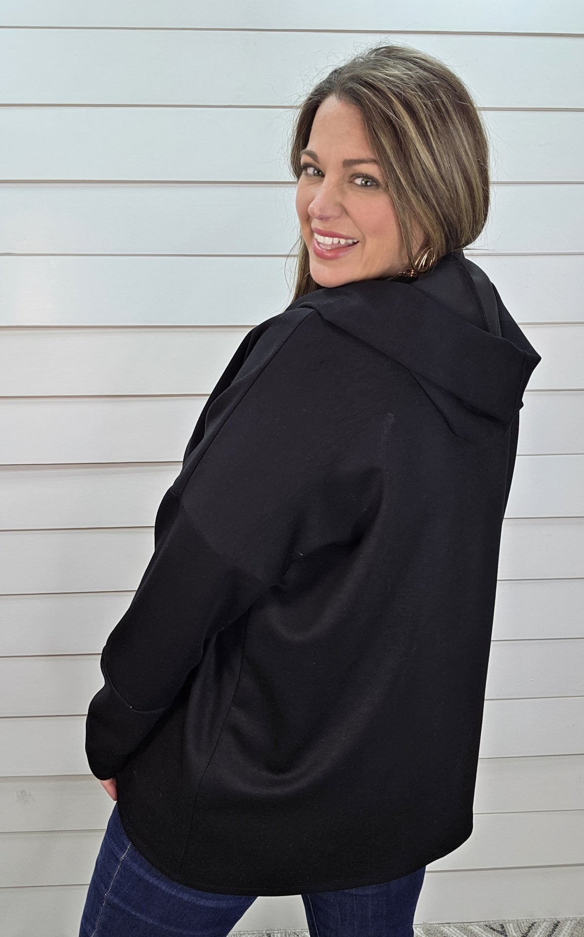 BLACK OVERSIZED SCUBA HOODED HENLEY TOP