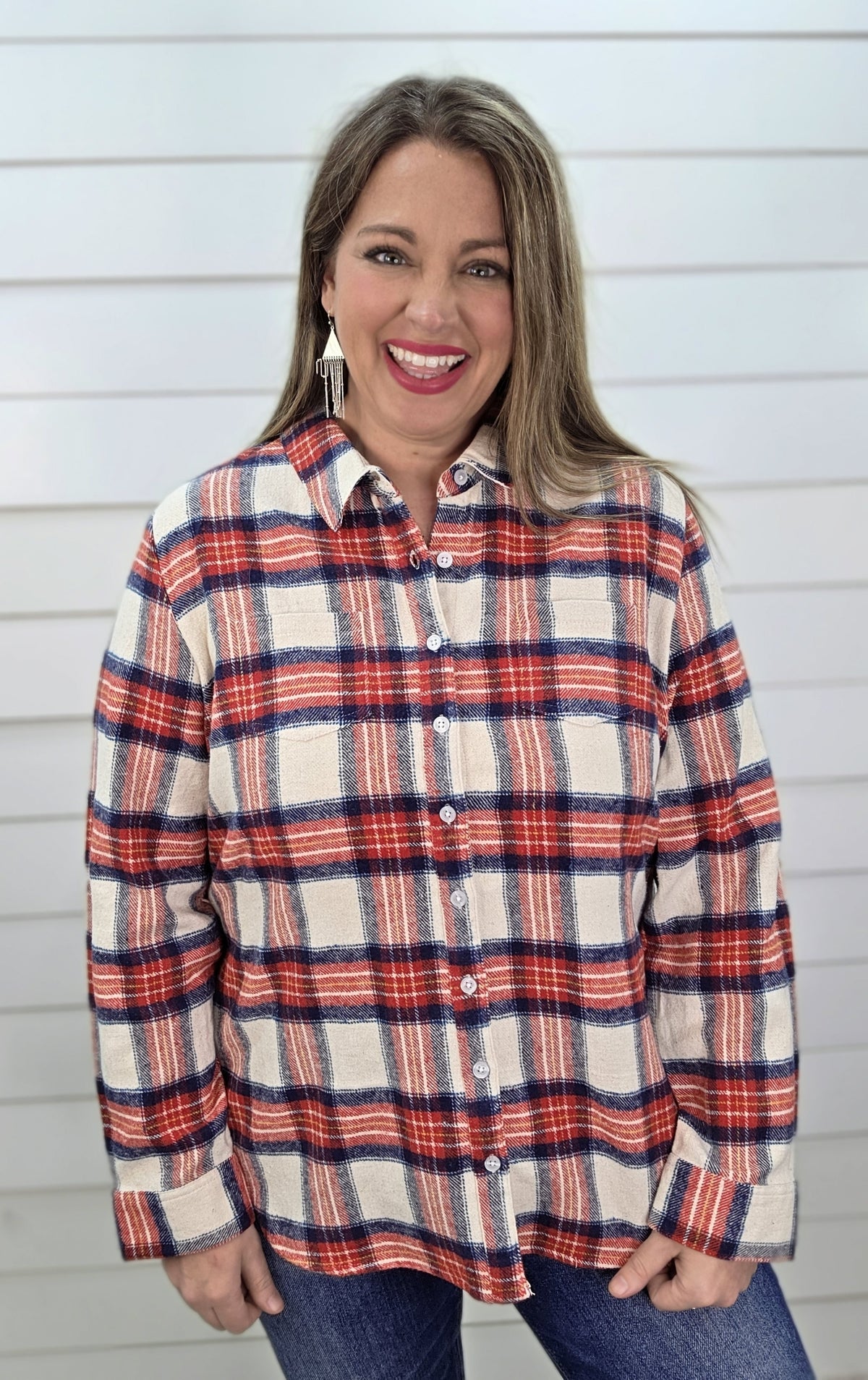 KAREN HART RED/BLUE PLAID BUTTON DOWN WITH BUTTONS IN THE BACK