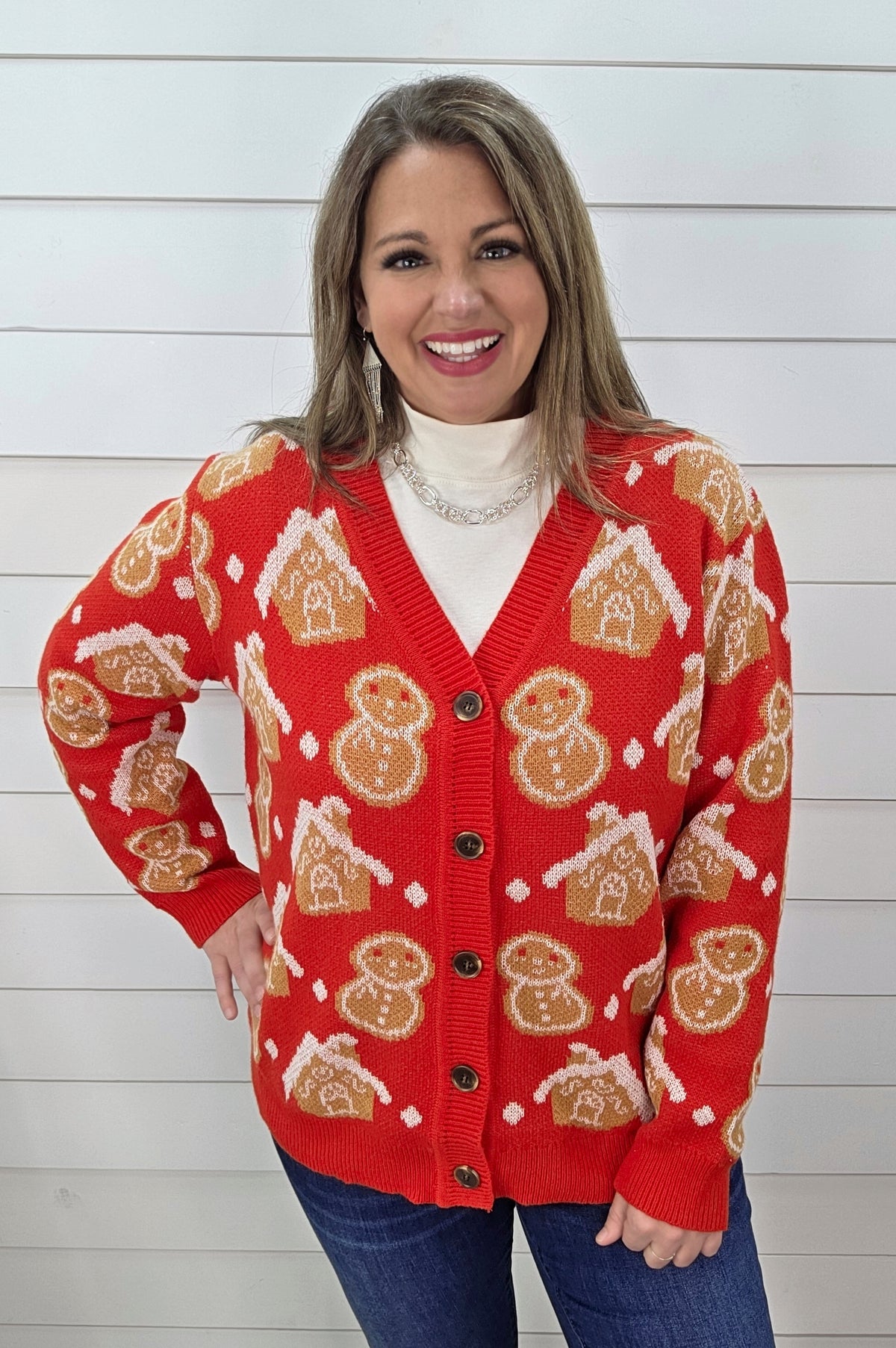 RED GINGERBREAD BUTTON CARDIGAN SWEATER