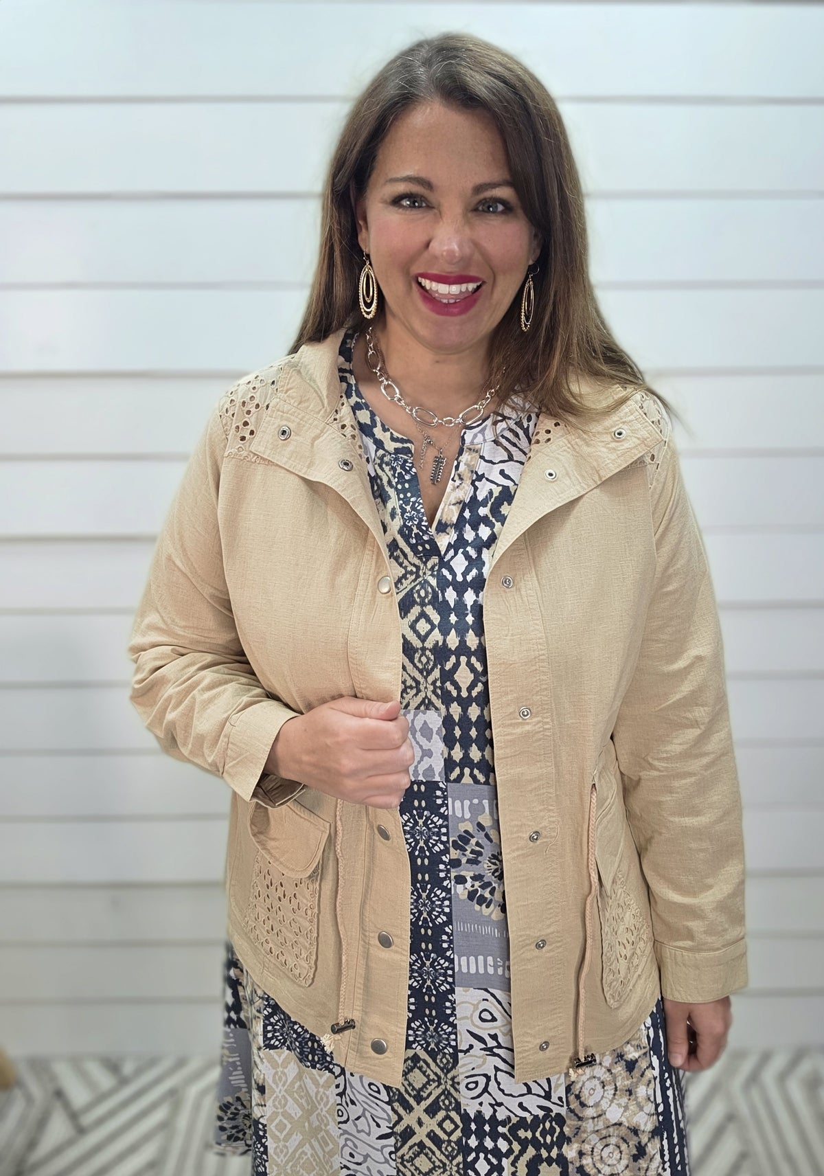 SAND CROCHET TRIM LINEN BLEND DRAWSTRING JACKET