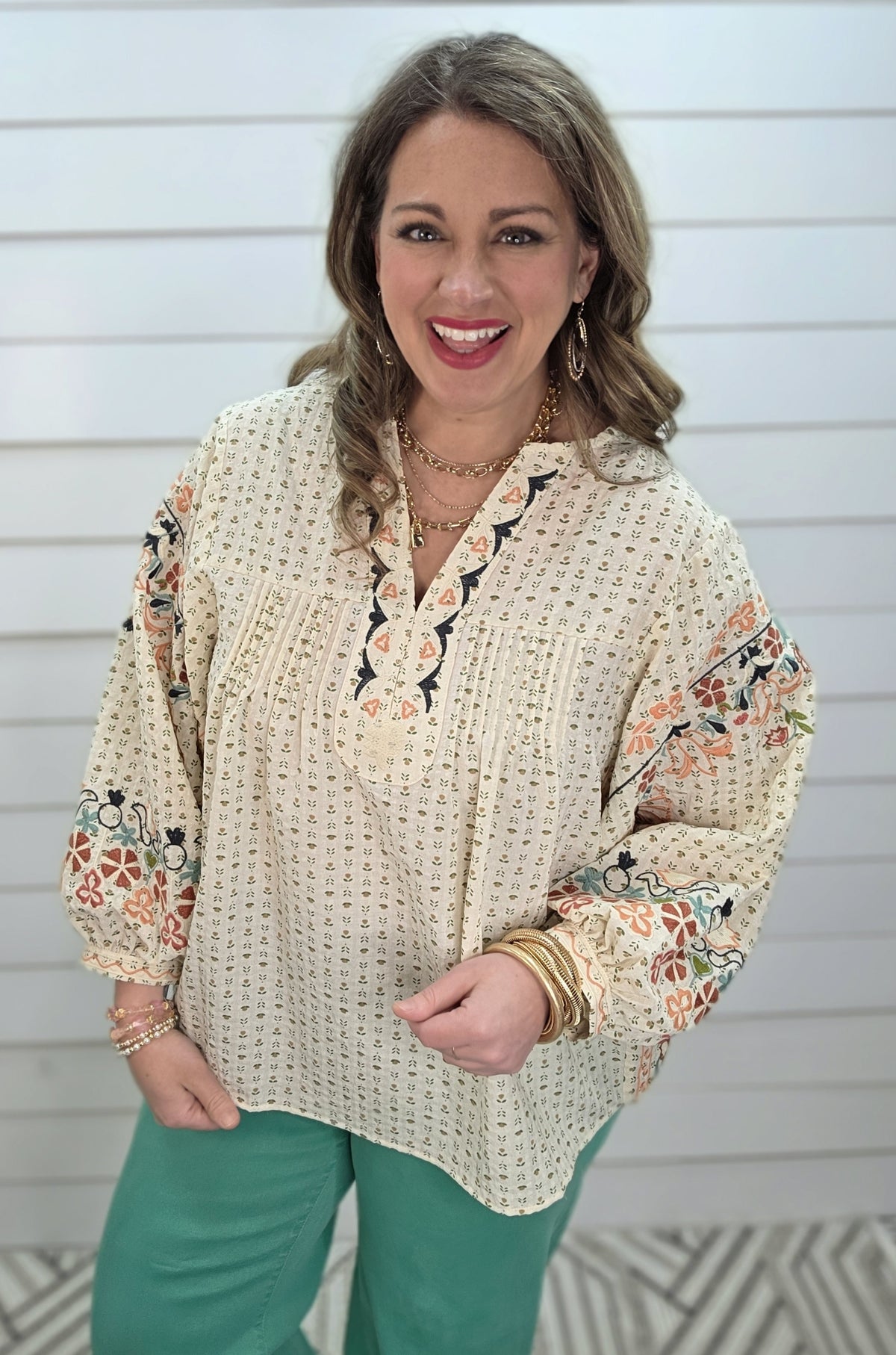 OATMEAL DOLMAN OVERSIZED FLORAL EMBROIDERED V NECK TOP