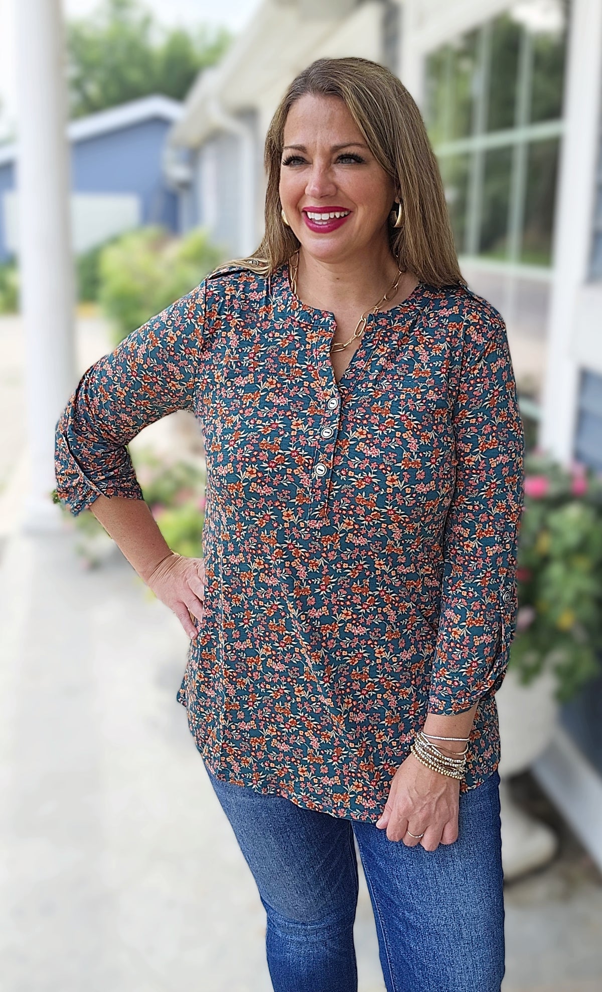 DEAR SCARLETT HUNTER GREEN/RUST FLORAL LUXE LIZZY TOP