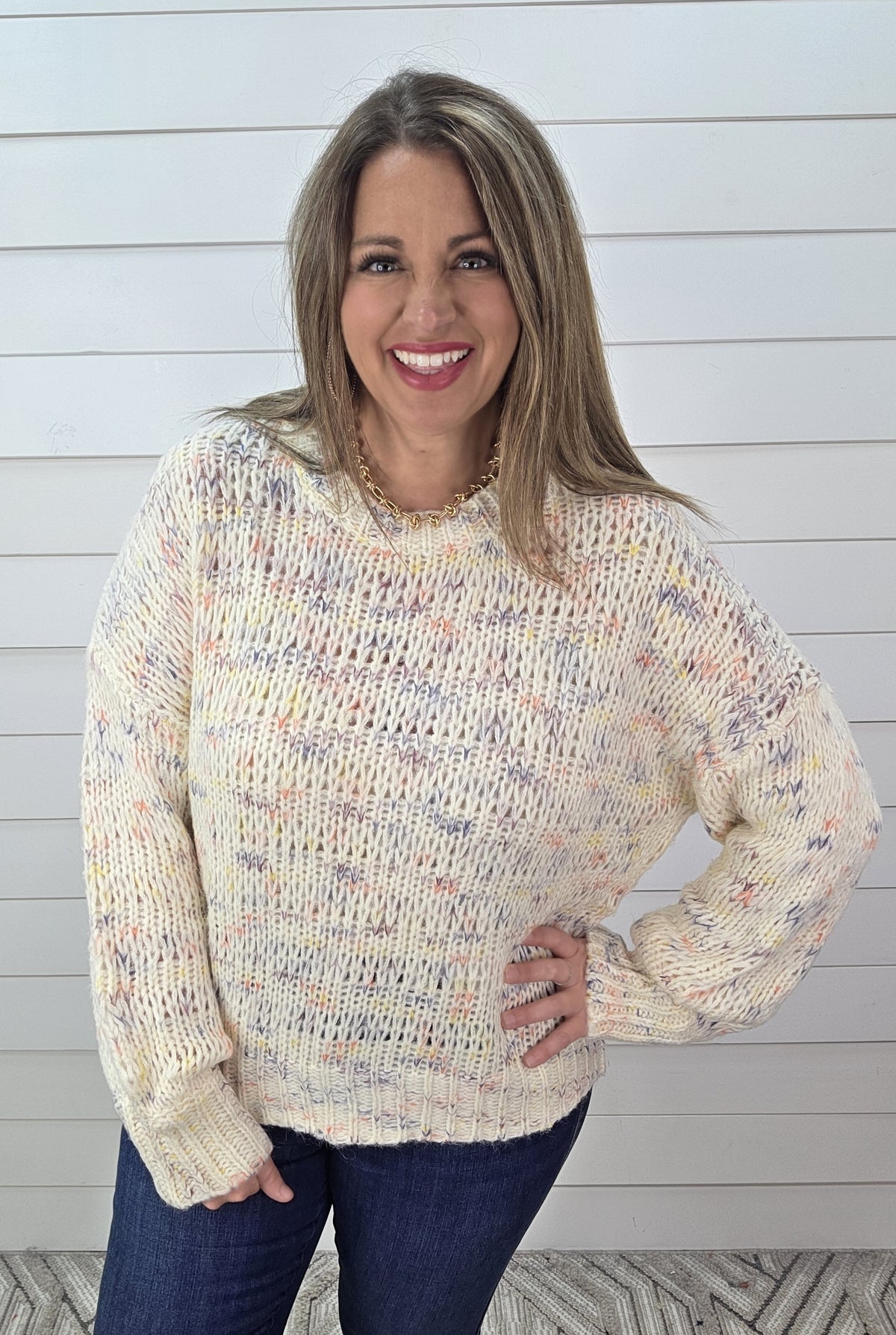 IVORY MULTI COLOR THREAD KNIT SWEATER