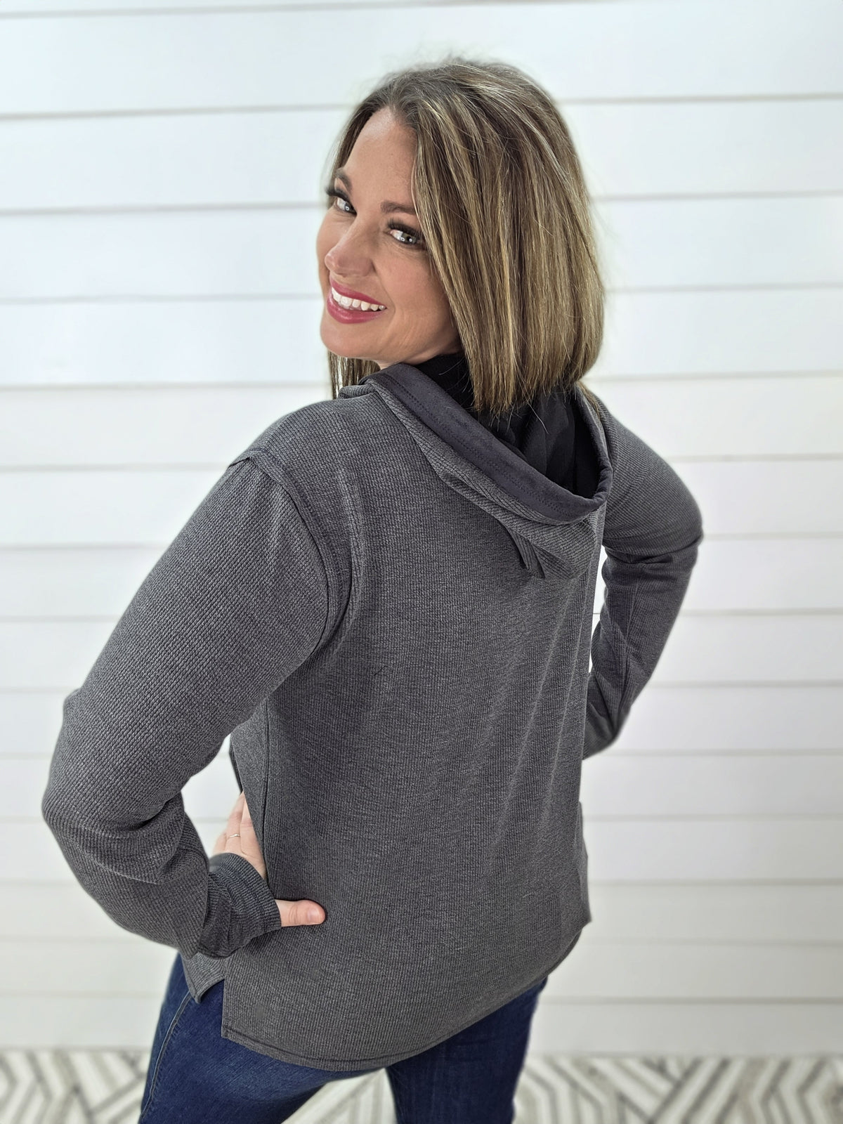 CHARCOAL BUTTON HENLEY KNIT TOP W/ SUEDE CONTRAST