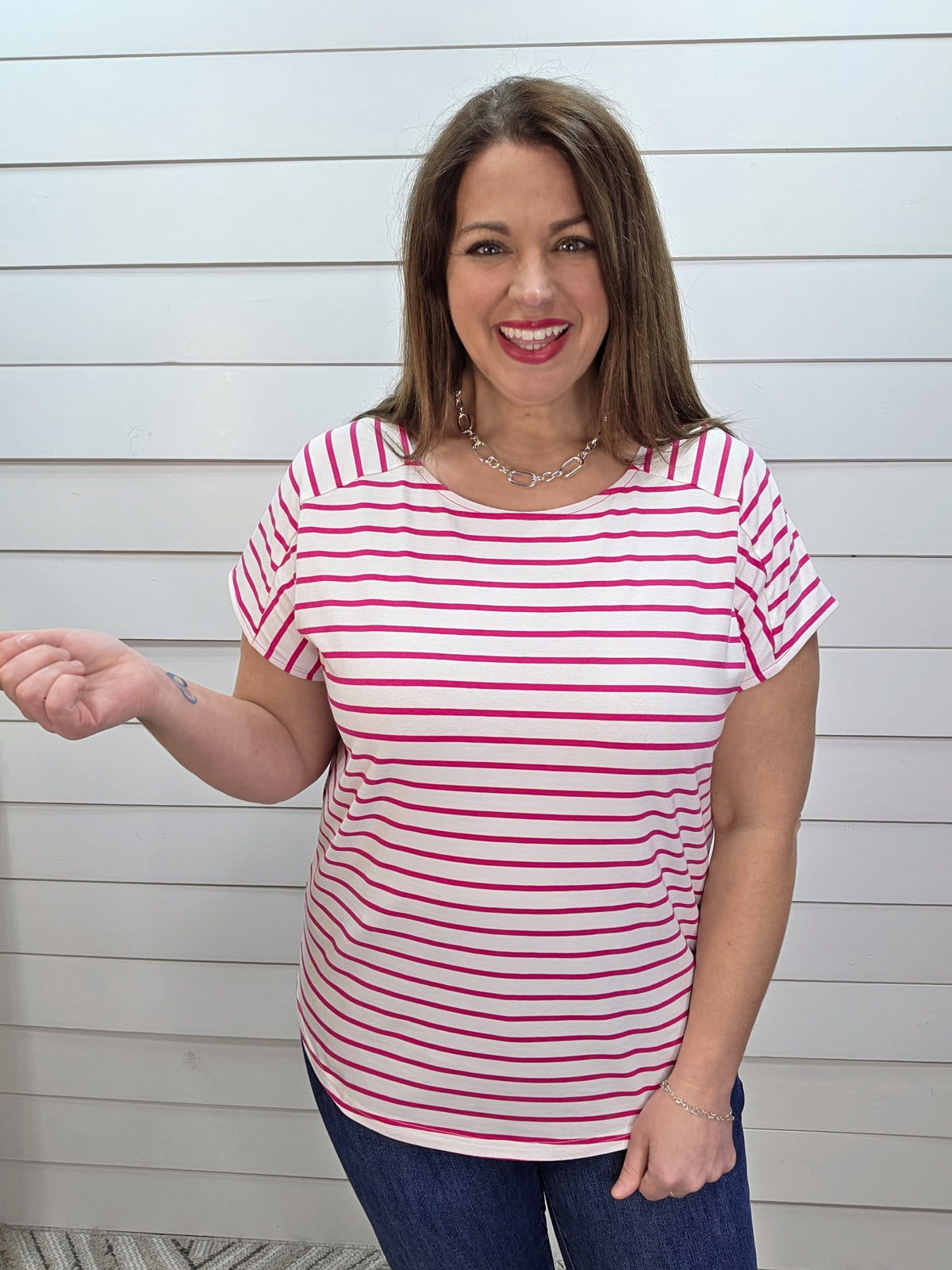 FUCHSIA/WHITE STRIPED BOAT NECK KNIT TOP