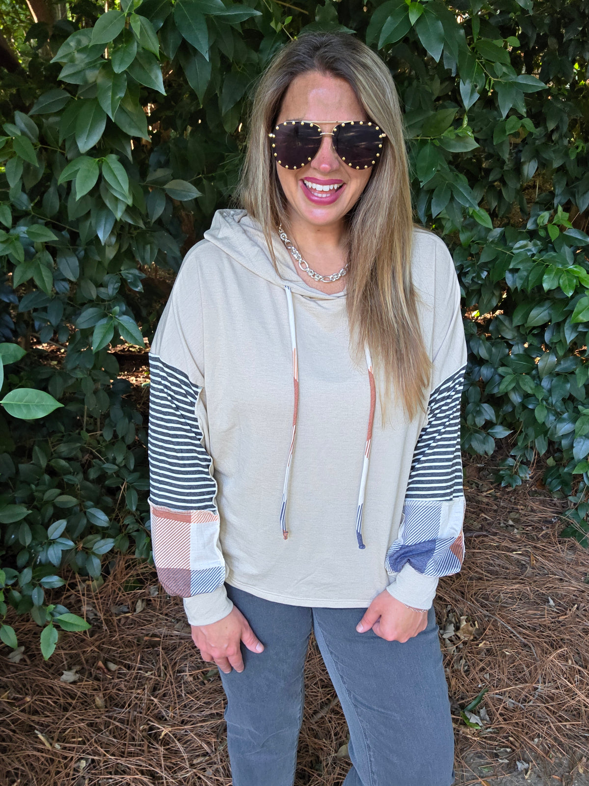 TAUPE/CHARCOAL PLAID CONTRAST LIGHT WEIGHT FRENCH TERRY HOODIE