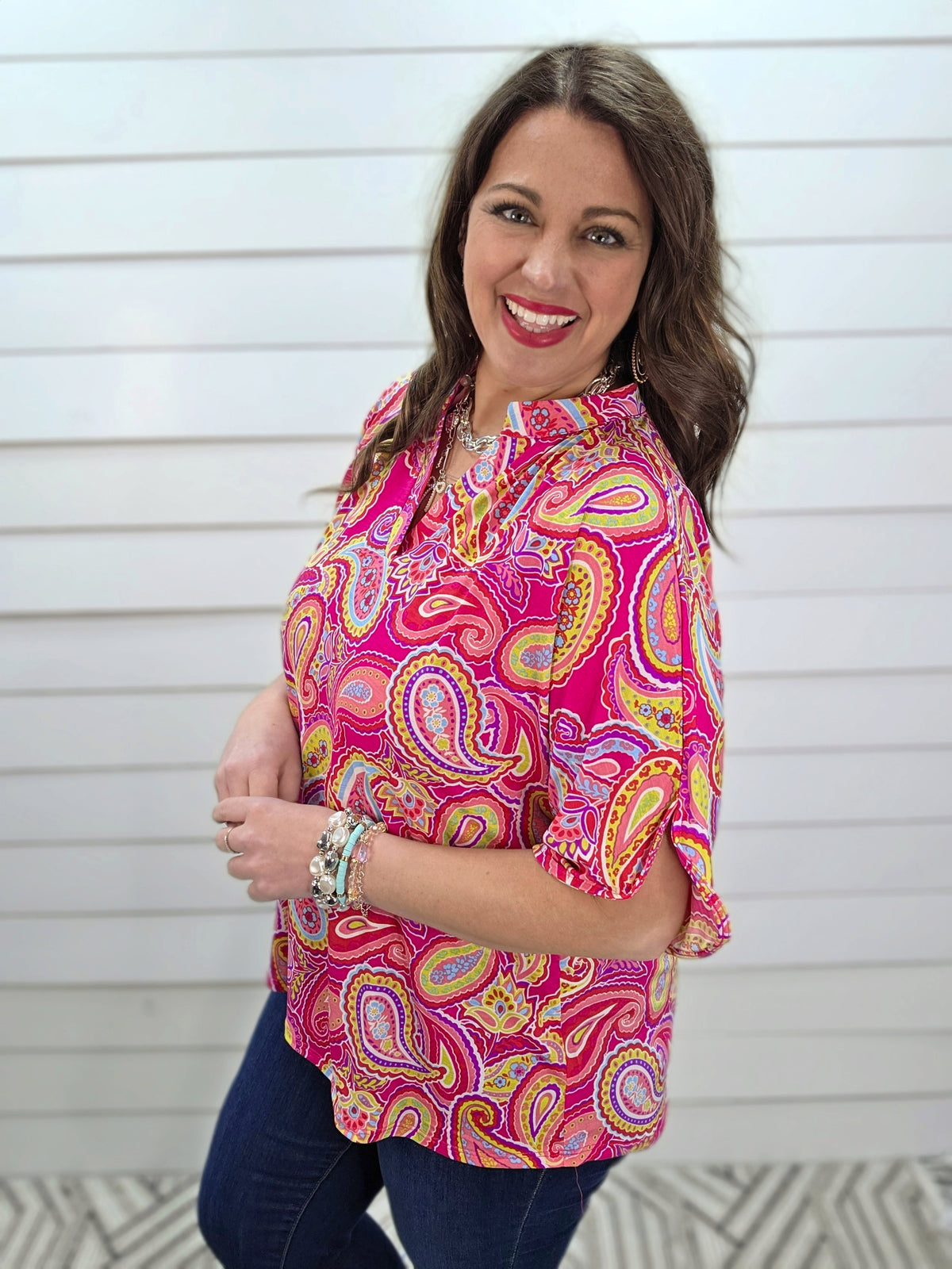 DEAR SCARLETT BREEZE SPLIT SLEEVE TOP - HOT PINK PRINTED