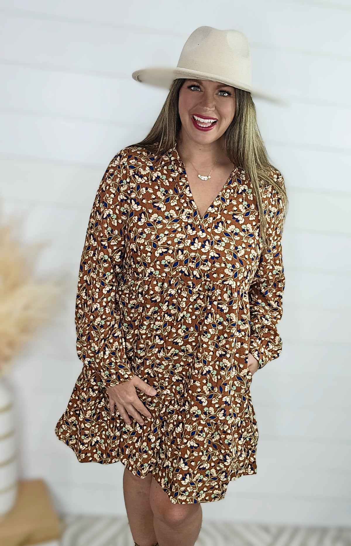 BROWN CORDED FLORAL DRESS