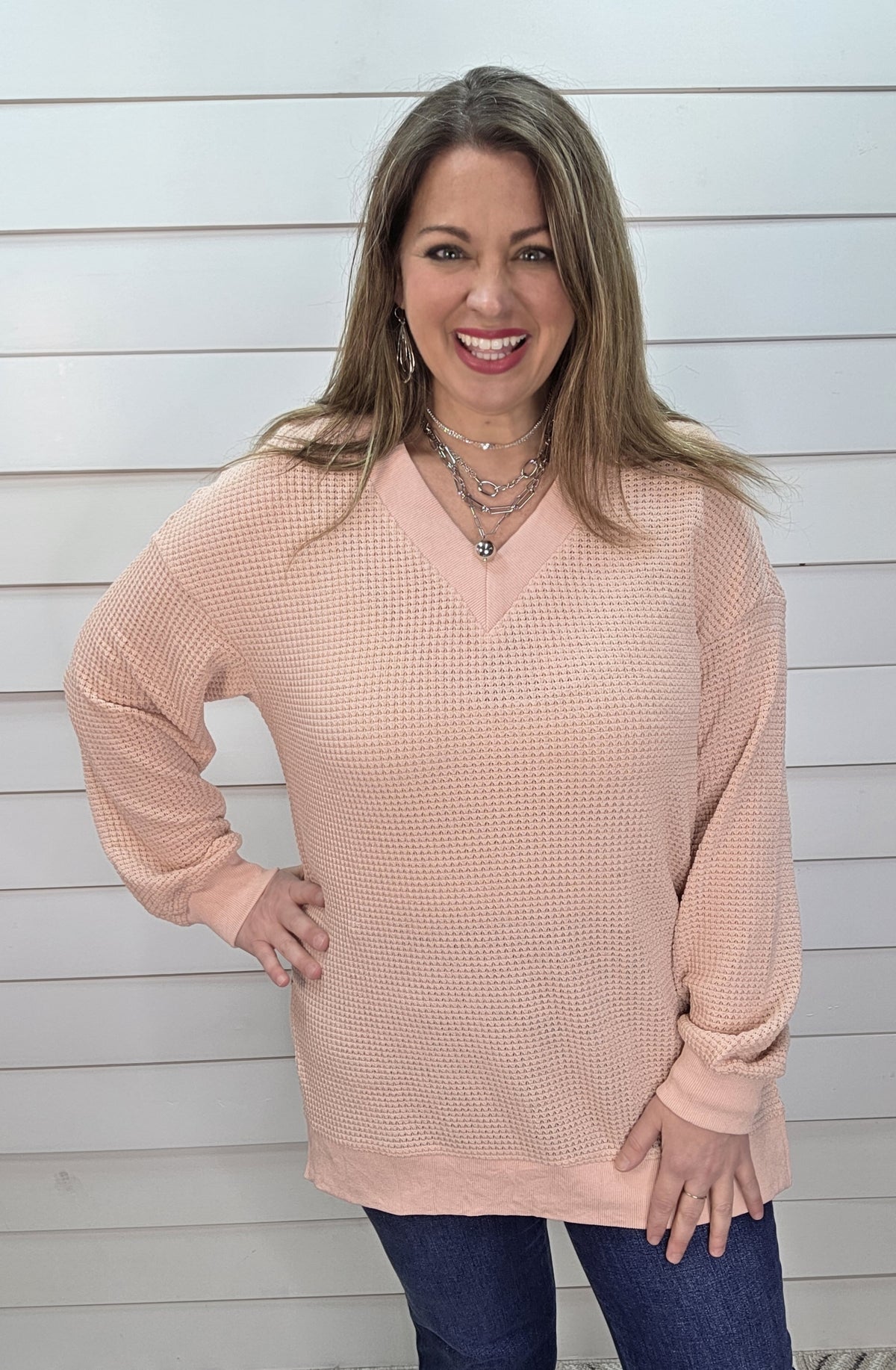 PINK WAFFLE TEXTURED LONG SLEEVE V NECK TOP
