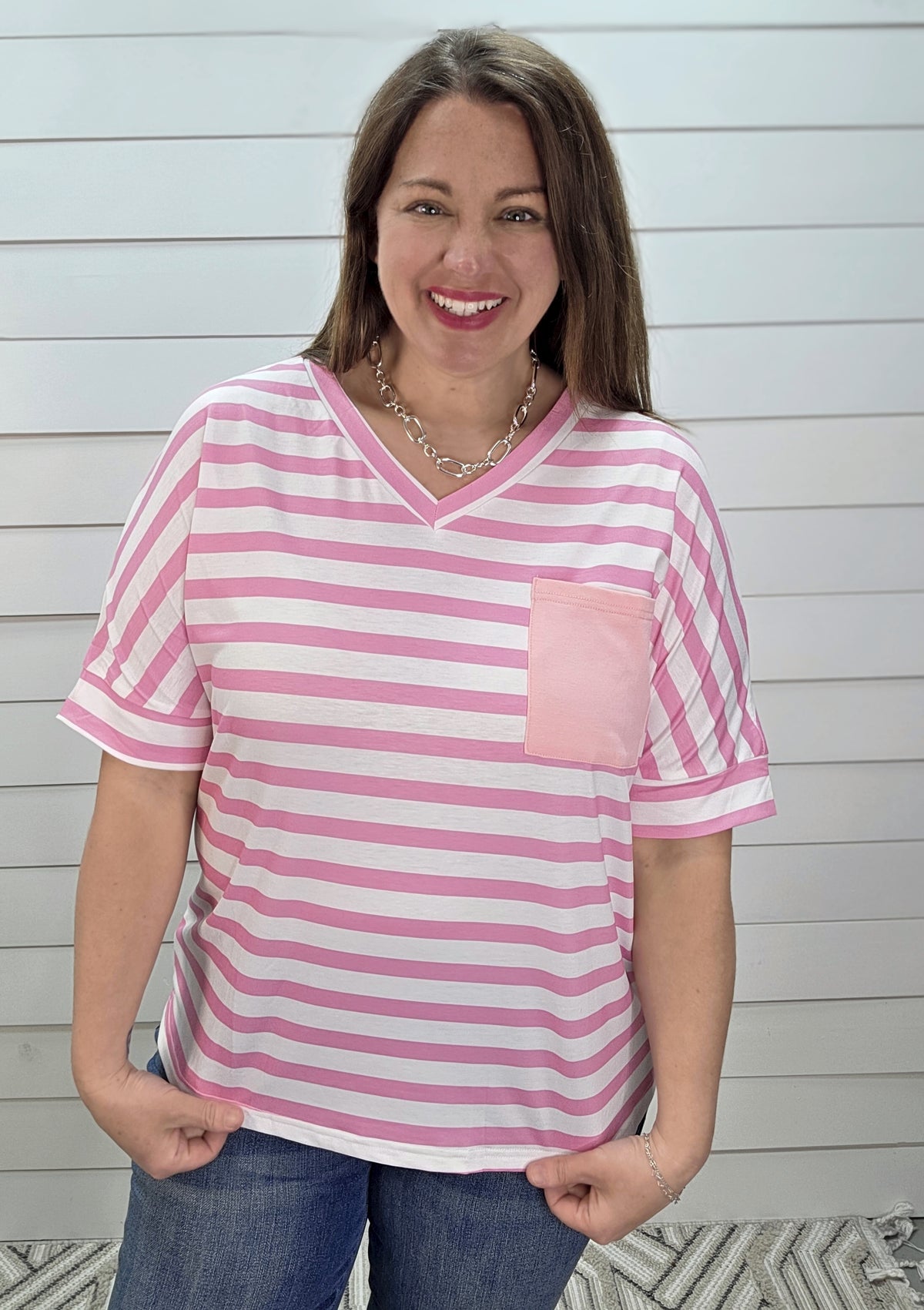 PINK STRIPED V NECK POCKET KNIT TOP