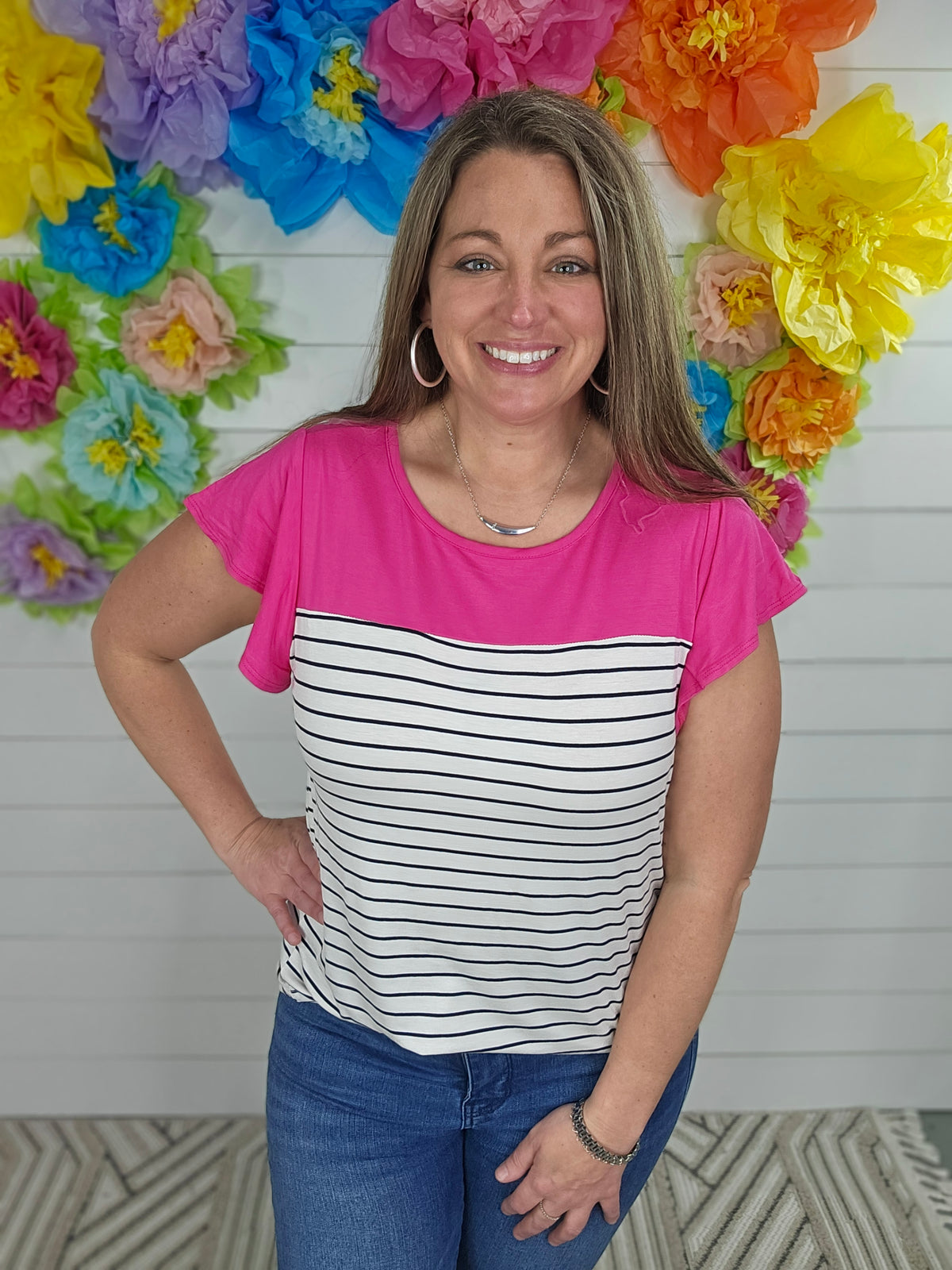 MAGENTA/STRIPED COLORBLOCK RUFFLE SLEEVE KNIT TOP