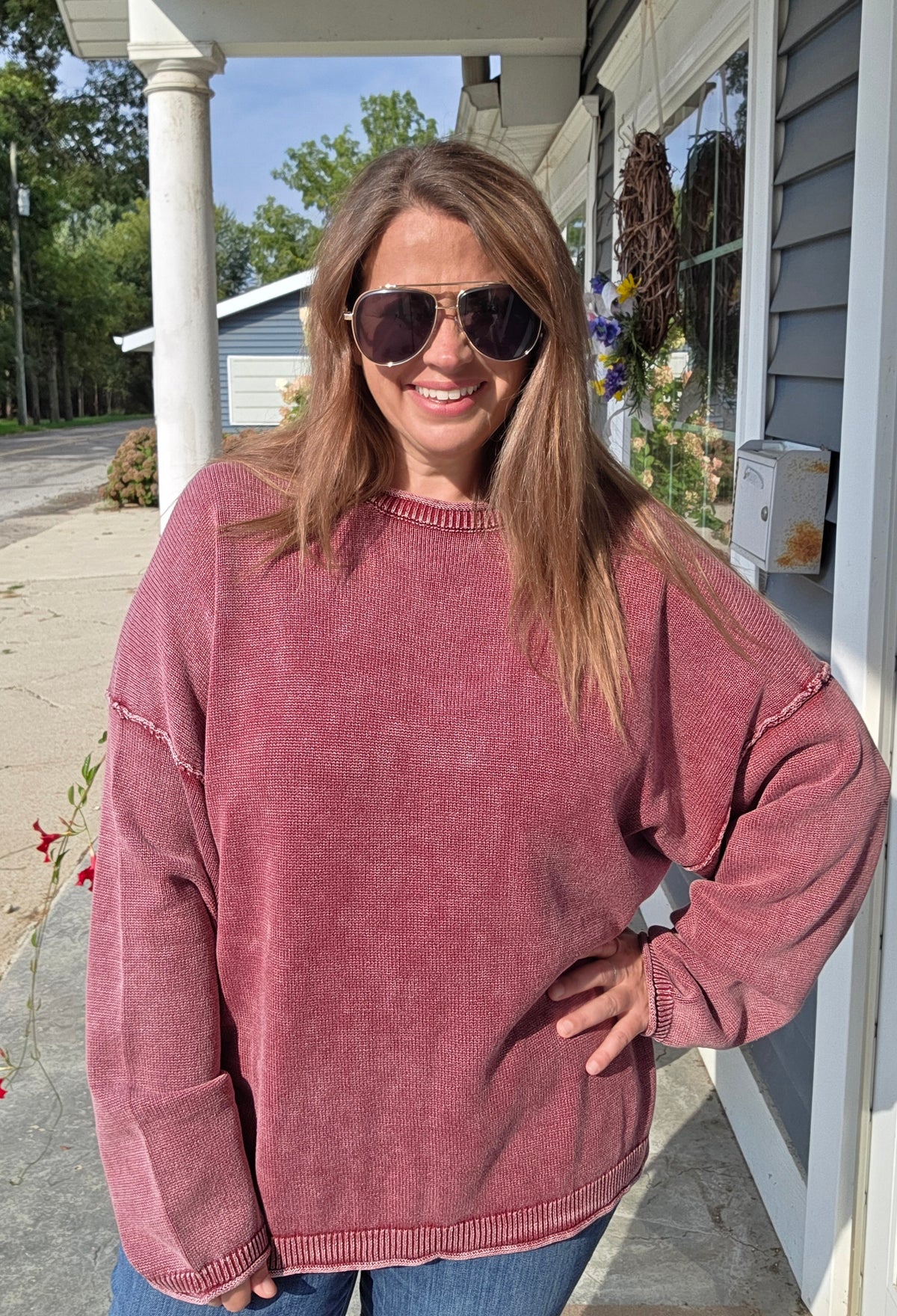 BURGUNDY MINERAL WASH OVERSIZED SWEATER