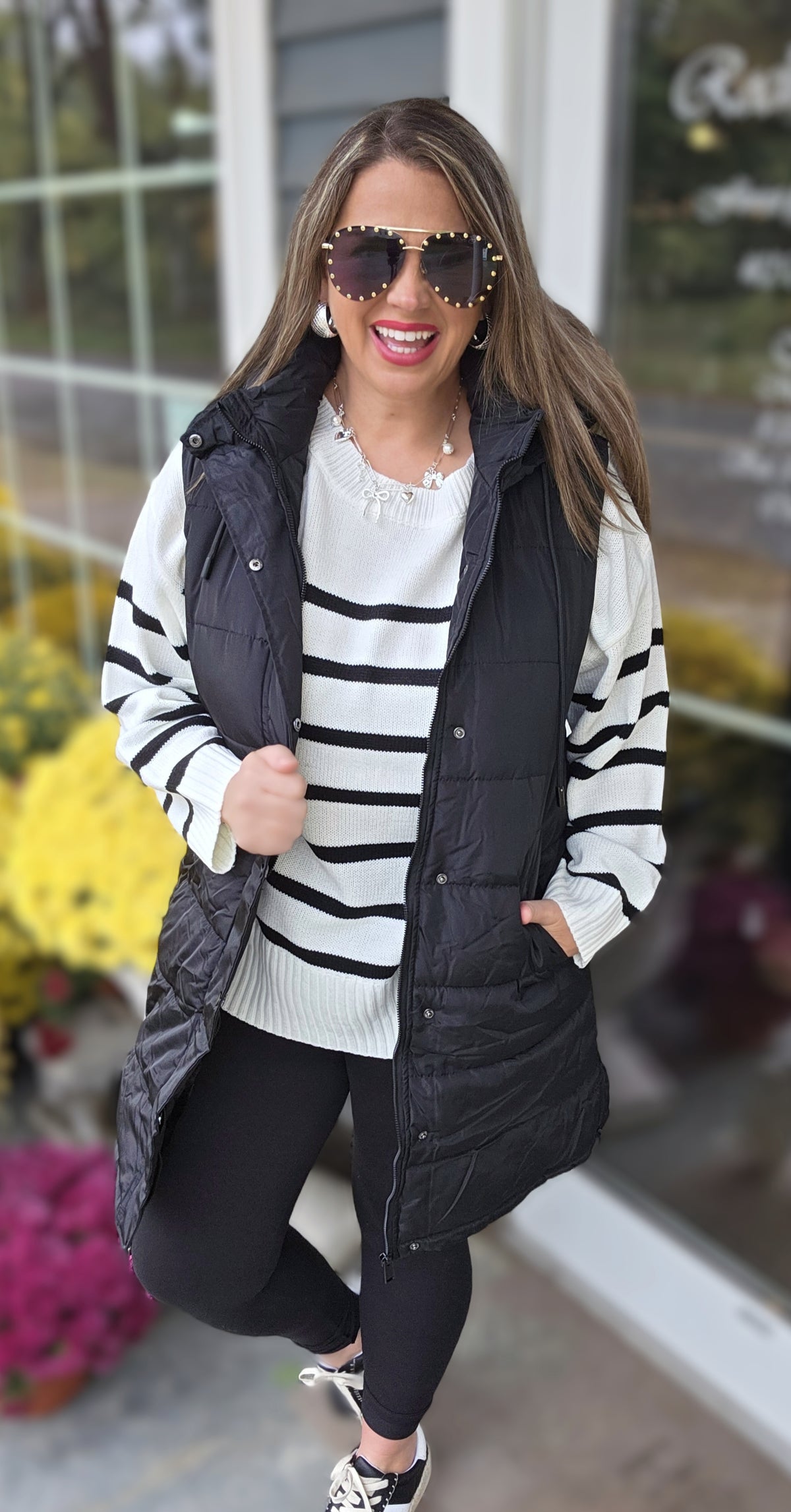 BLACK LONG HOODED PUFF VEST W/ SIDE ZIPPER