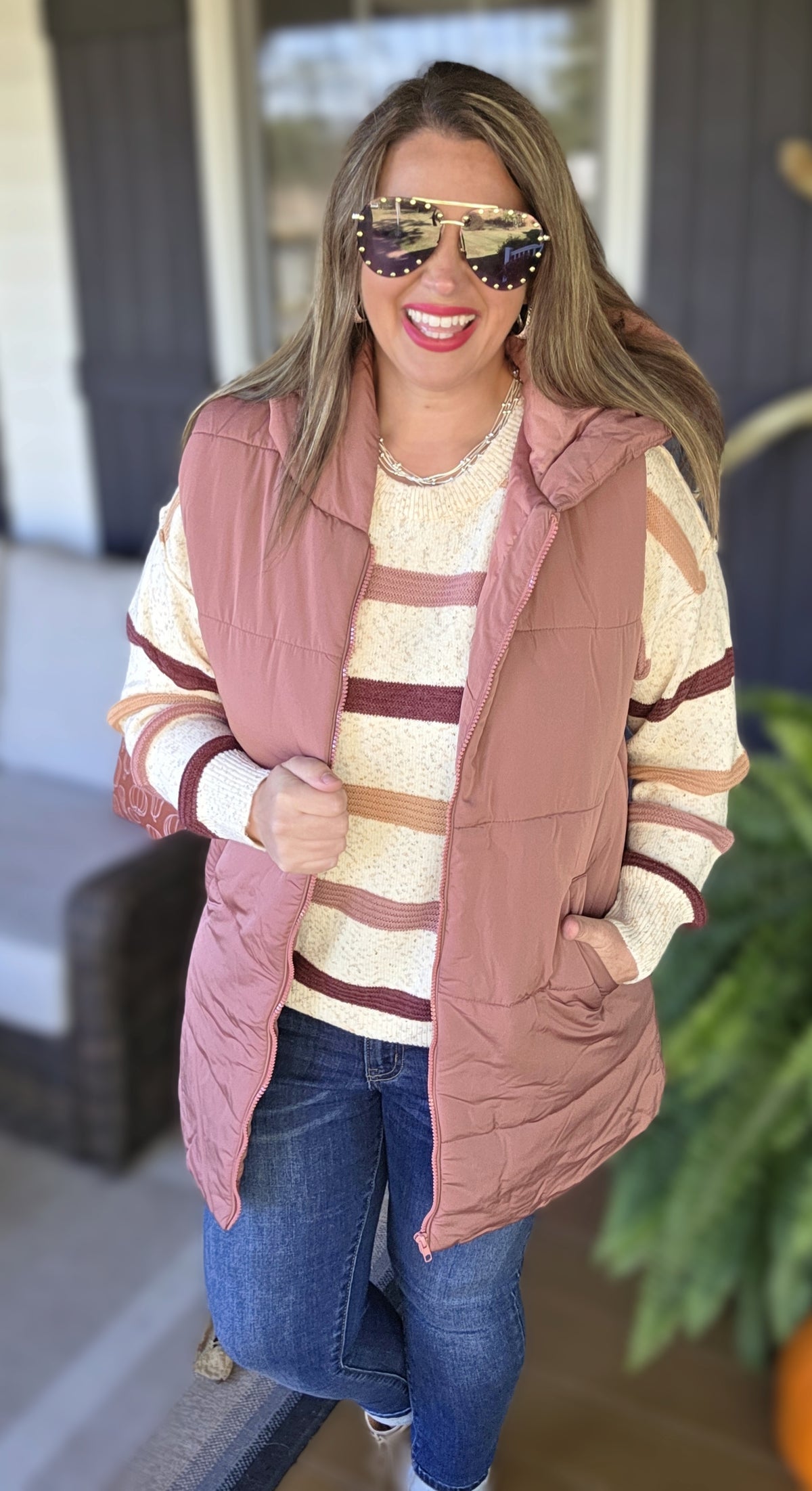 OATMEAL/ROSE SPECK STRIPED KNIT LIGHT WEIGHT SWEATER