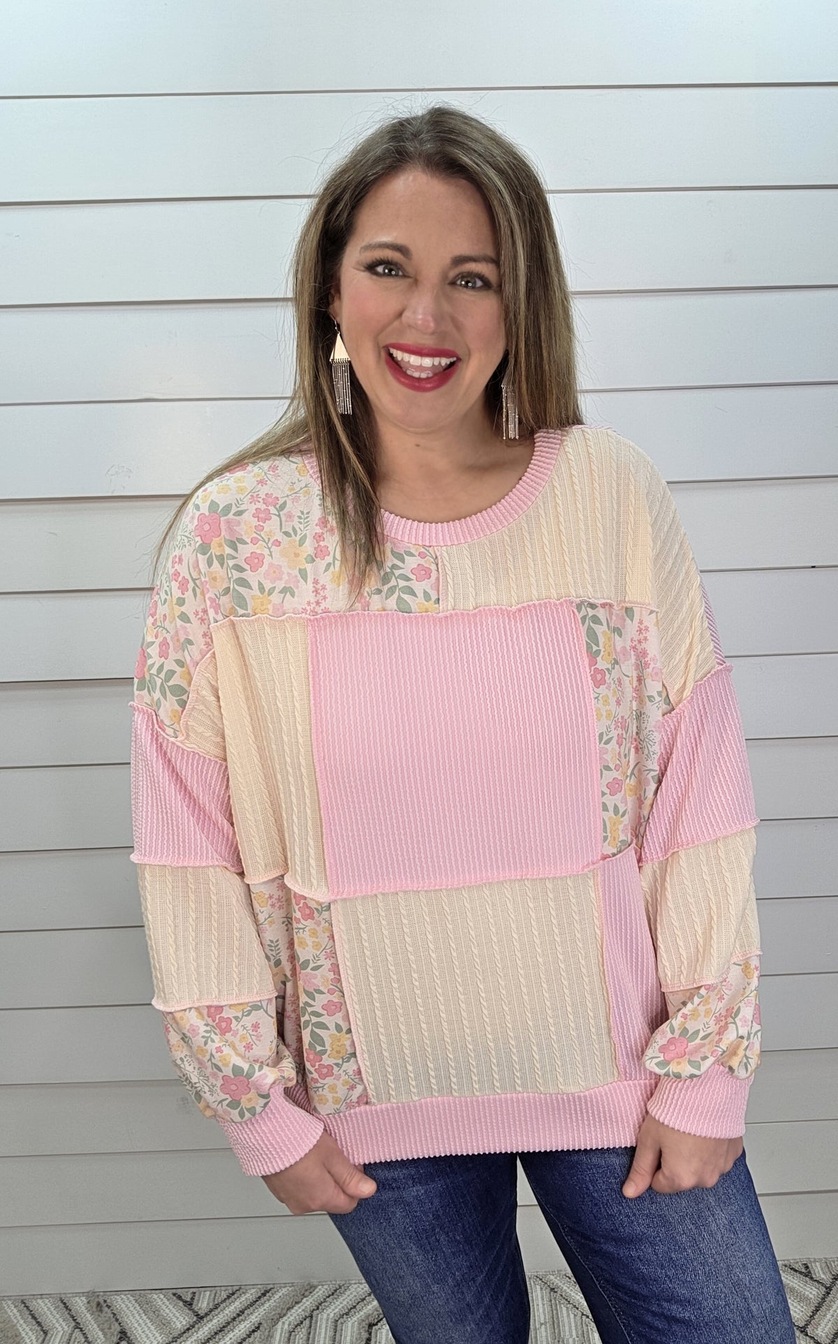 PINK/FLORAL RAISED RIBBED PATCHWORK KNIT TOP