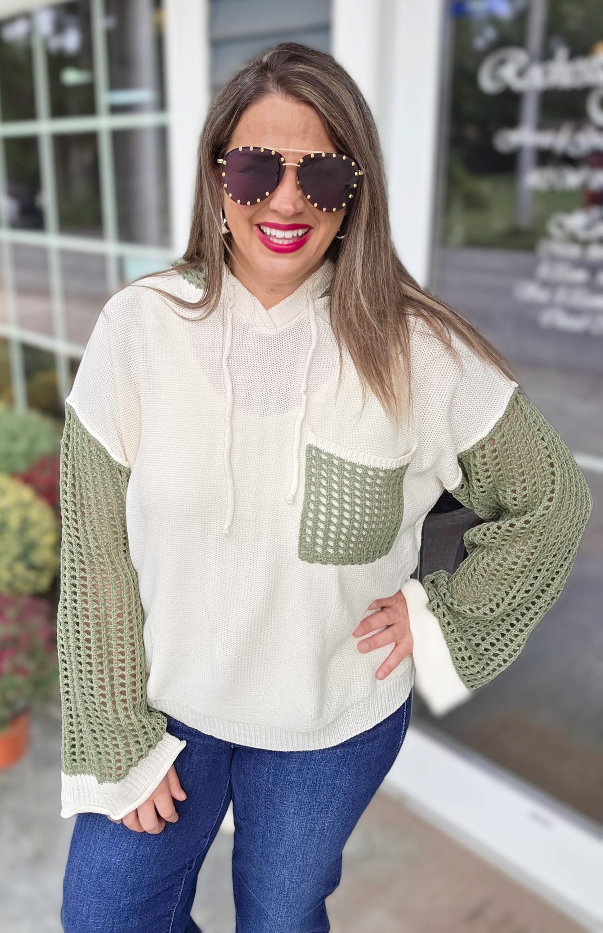 IVORY/OLIVE OPEN KNIT CONTAST HOODED LIGHT WEIGHT SWEATER