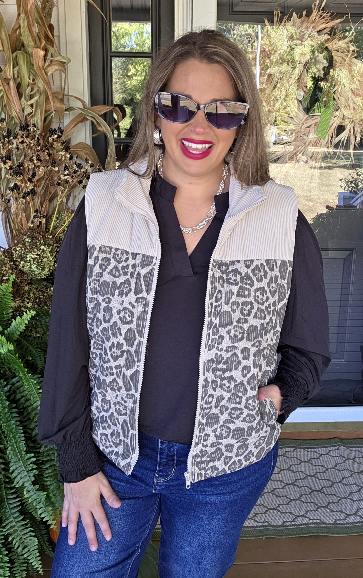 OATMEAL/LEOPARD CORDED CONTRAST VEST