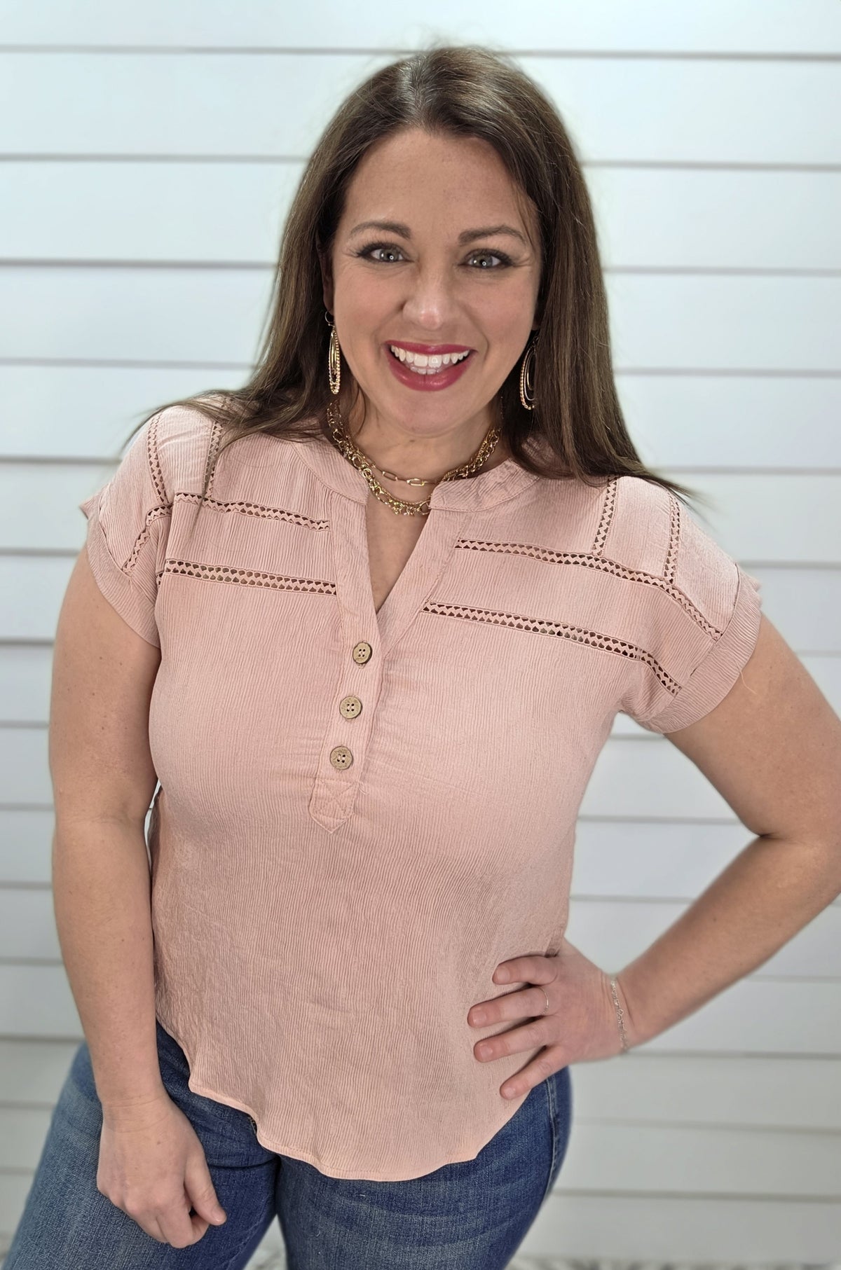DUSTY PINK CROCHET LINE LACE HALF BUTTON WOVEN TOP