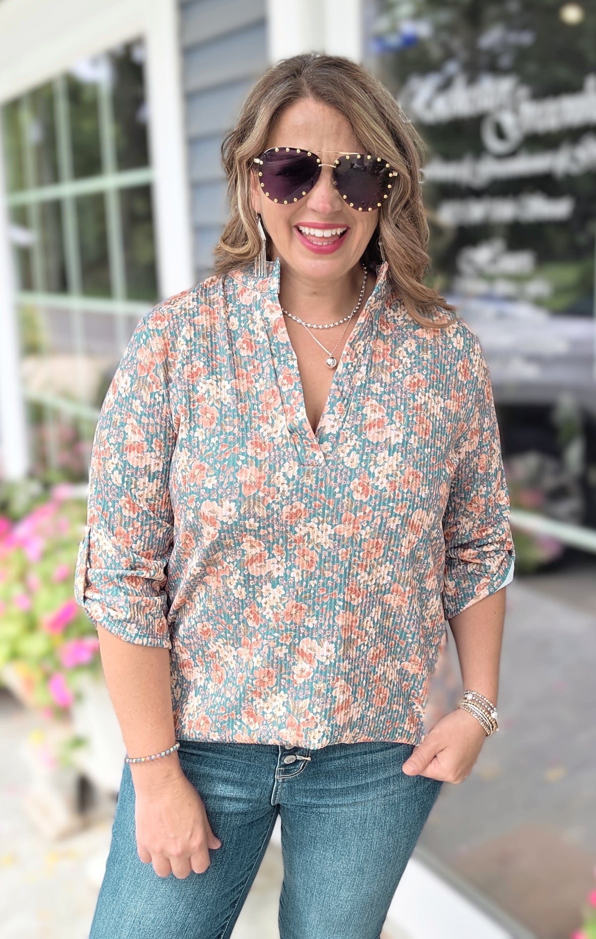 TEAL RIBBED FLORAL 3/4 SLEEVE KNIT TOP