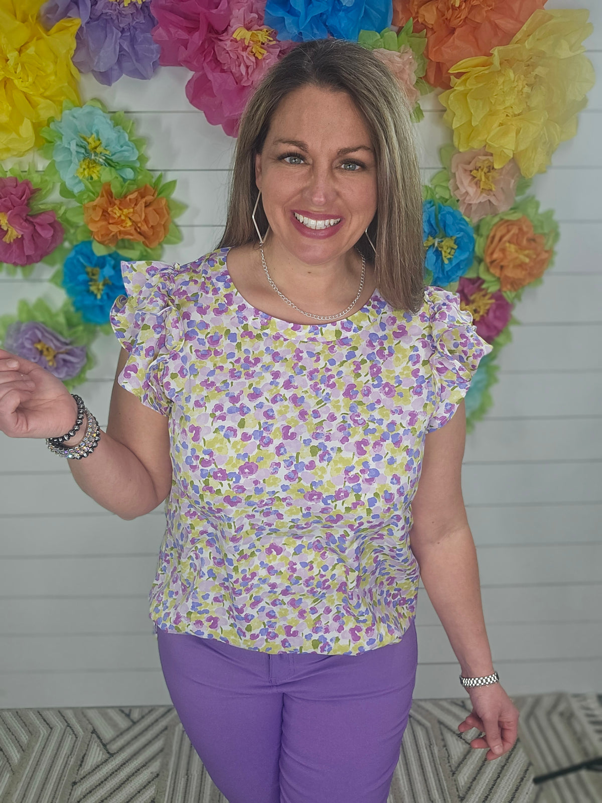 LILAC FLORAL RUFFLE SLEEVE TOP