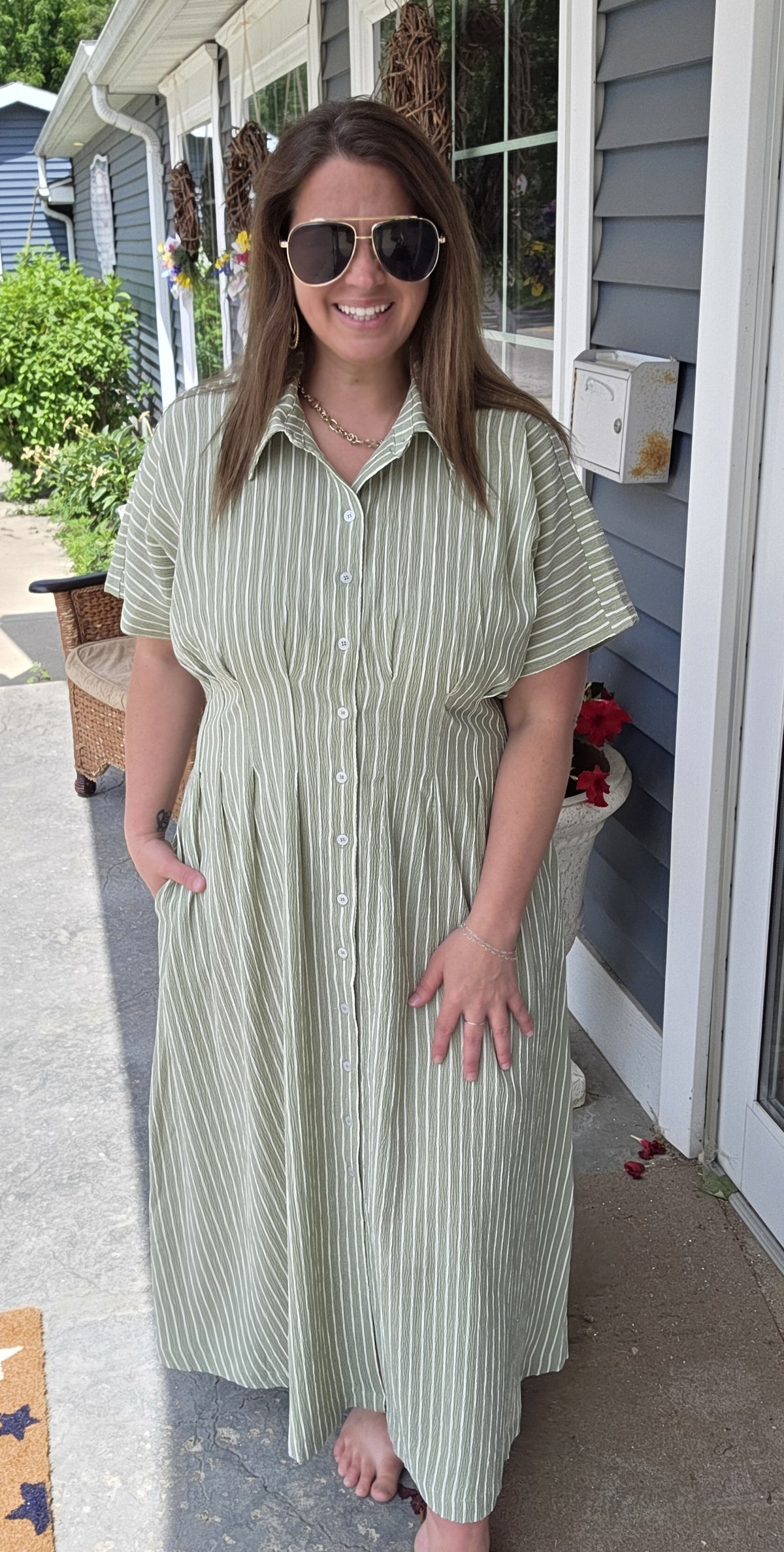 SAGE STRIPED BUTTON DOWN DRESS PLEATED WITH SIDE POCKETS