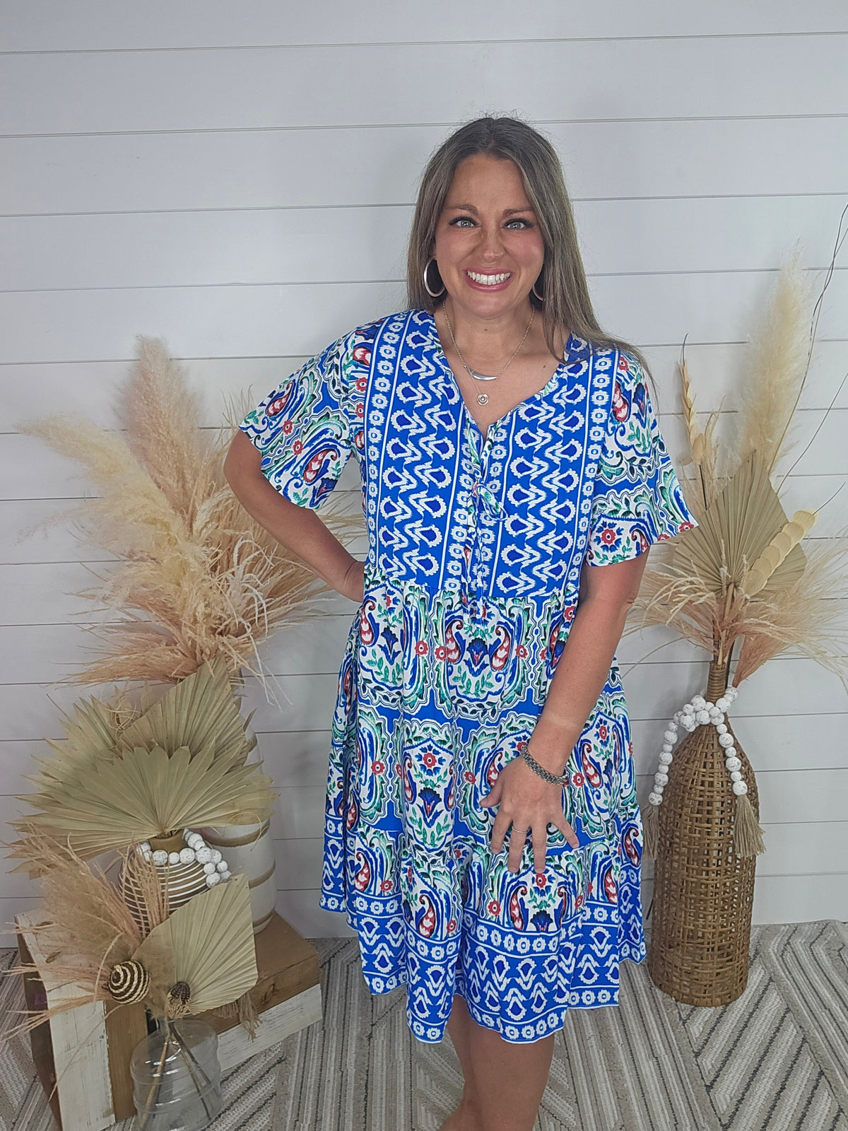 BLUE BOHO PRINT TIE NECK DRESS