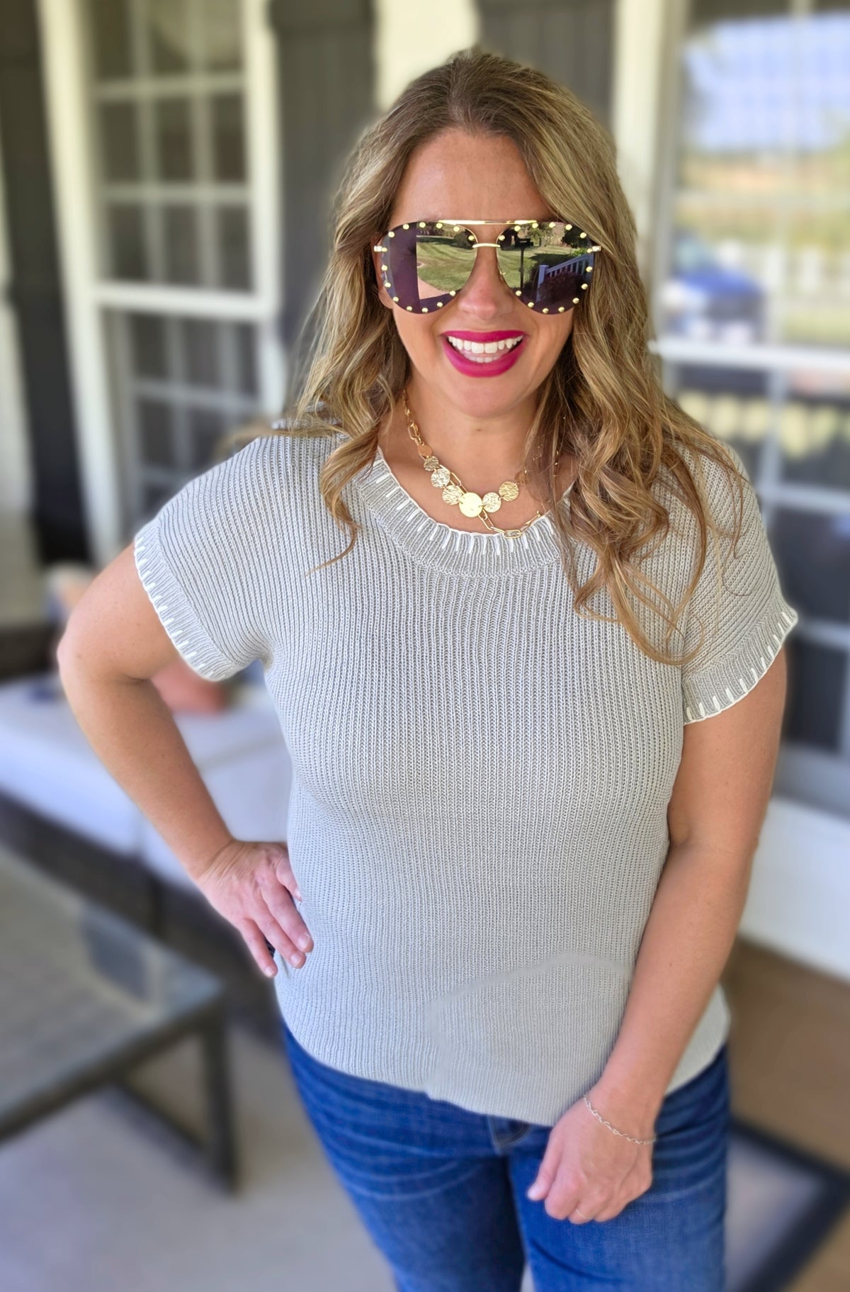 GREY STITCHED HEM CREW NECK SHORT SLEEVE PULLOVER SWEATER