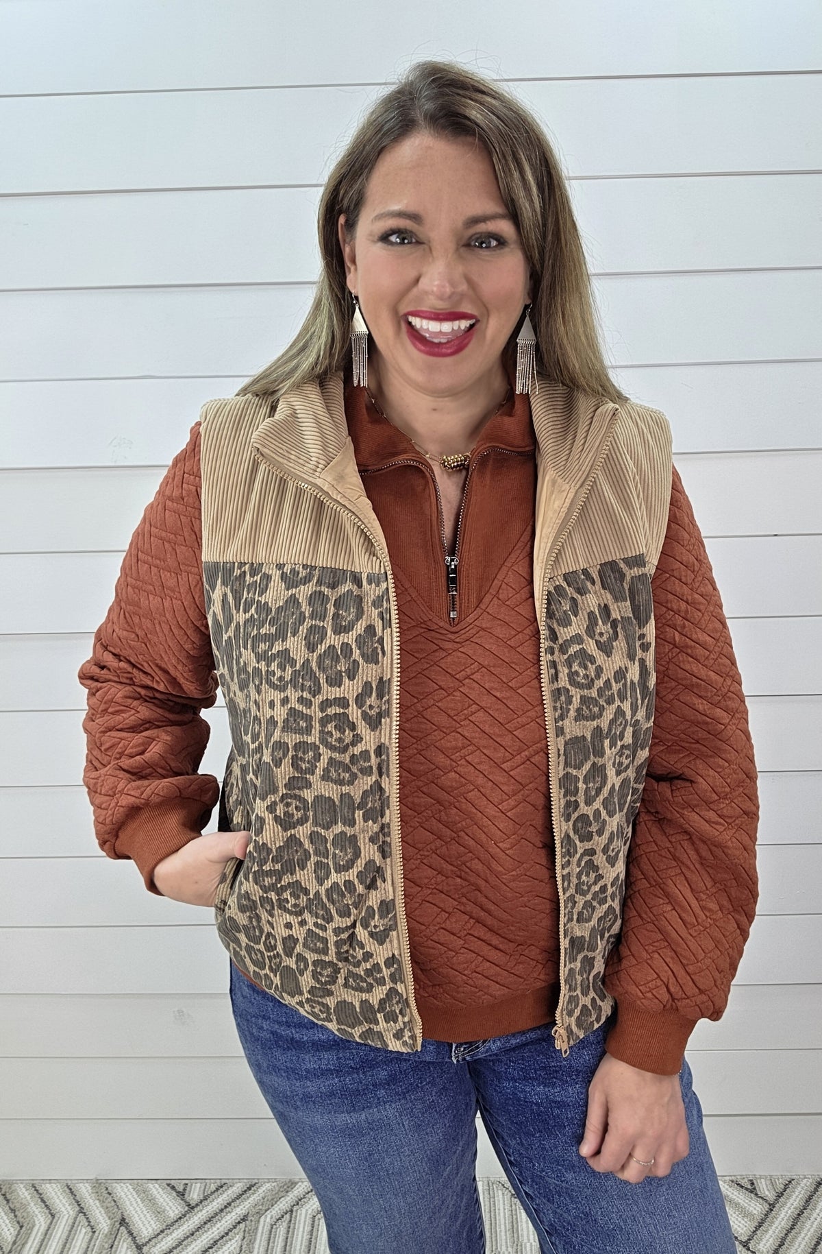 TAUPE LEOPARD CORD CONTRAST ZIPPER VEST