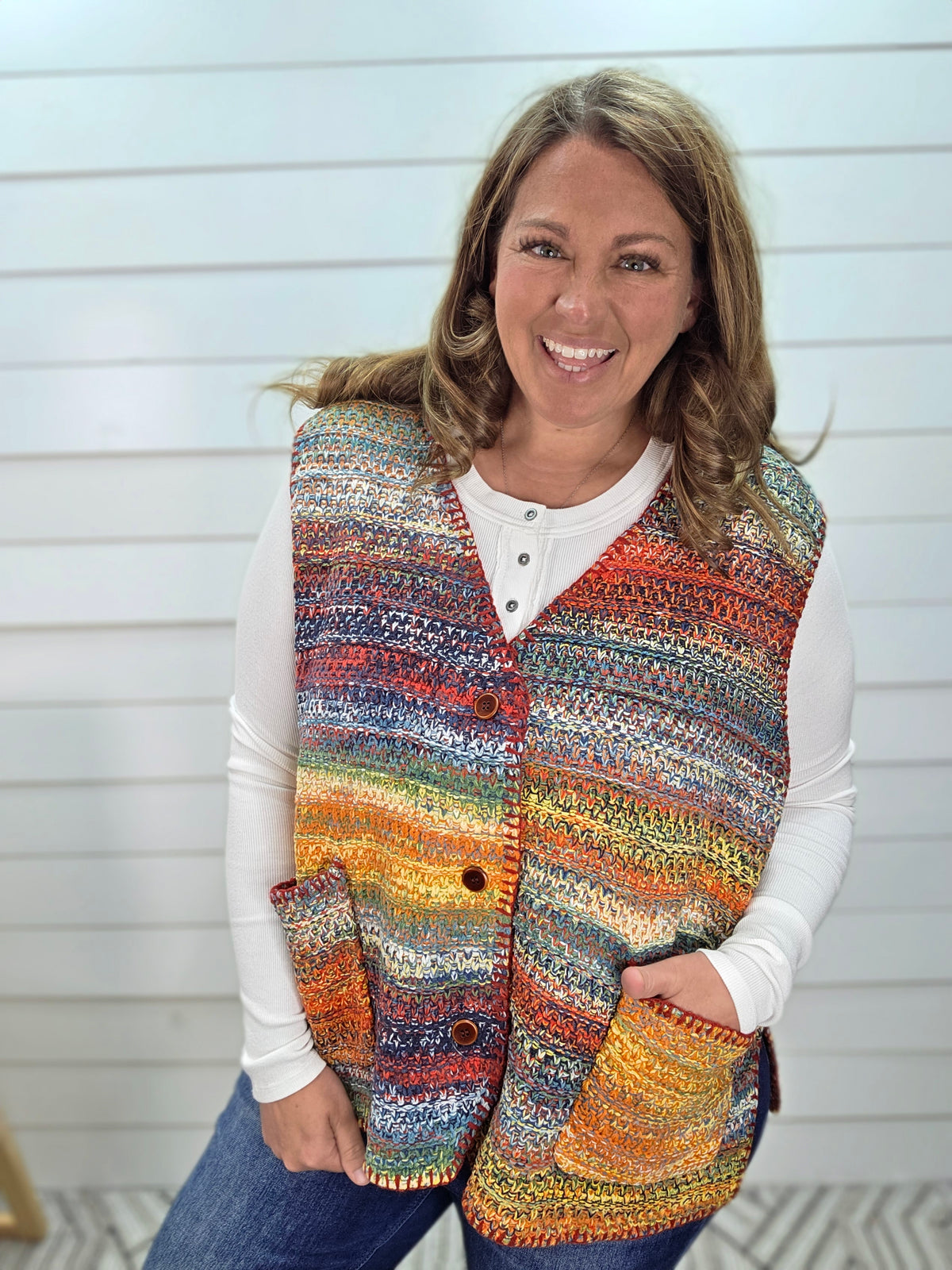 MULTI COLOR OVERSIZED KNIT BUTTON VEST