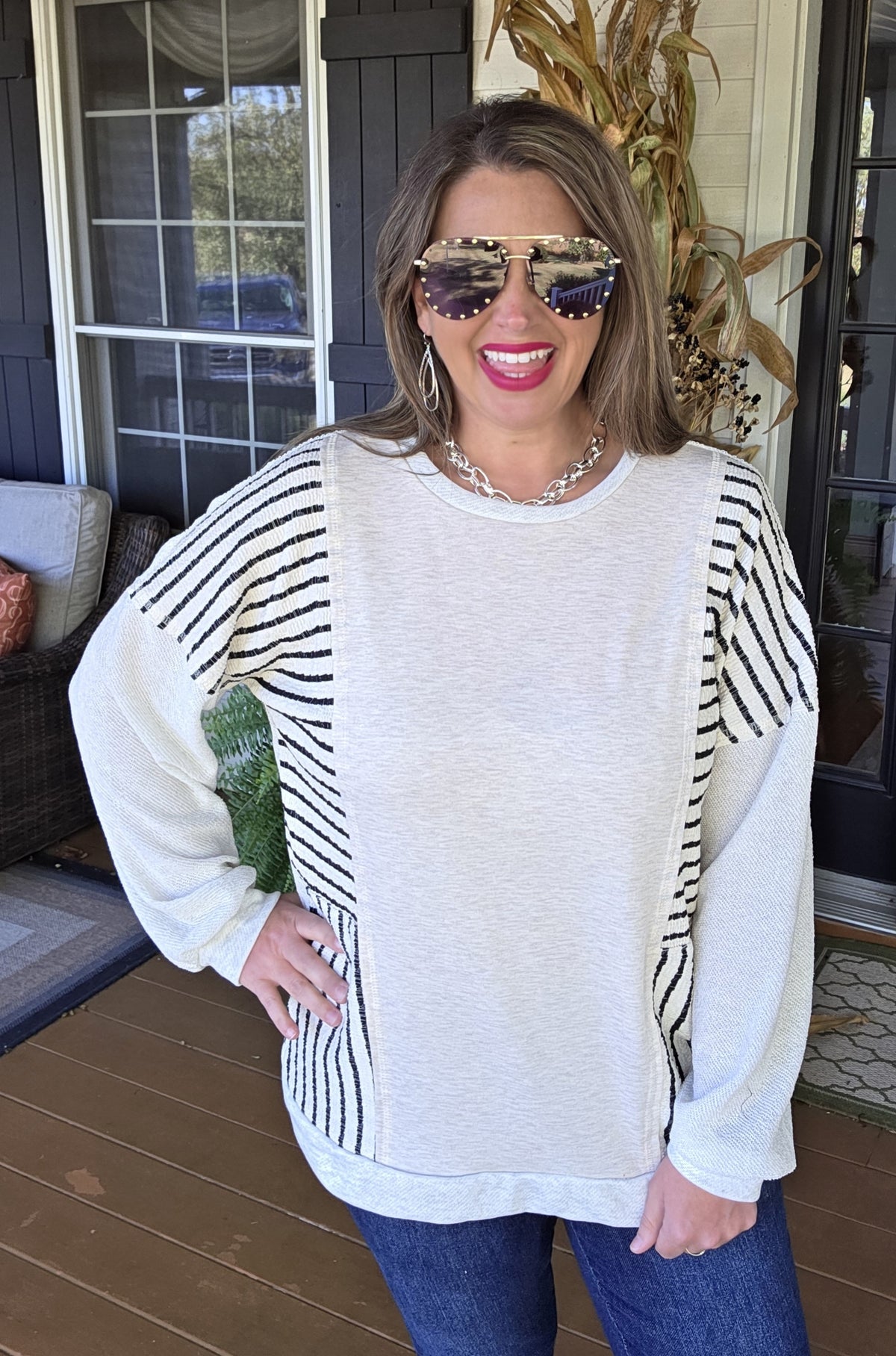 OATMEAL FRENCH TERRY BLACK STRIPED TEXTURED CONTRAST KNIT TOP