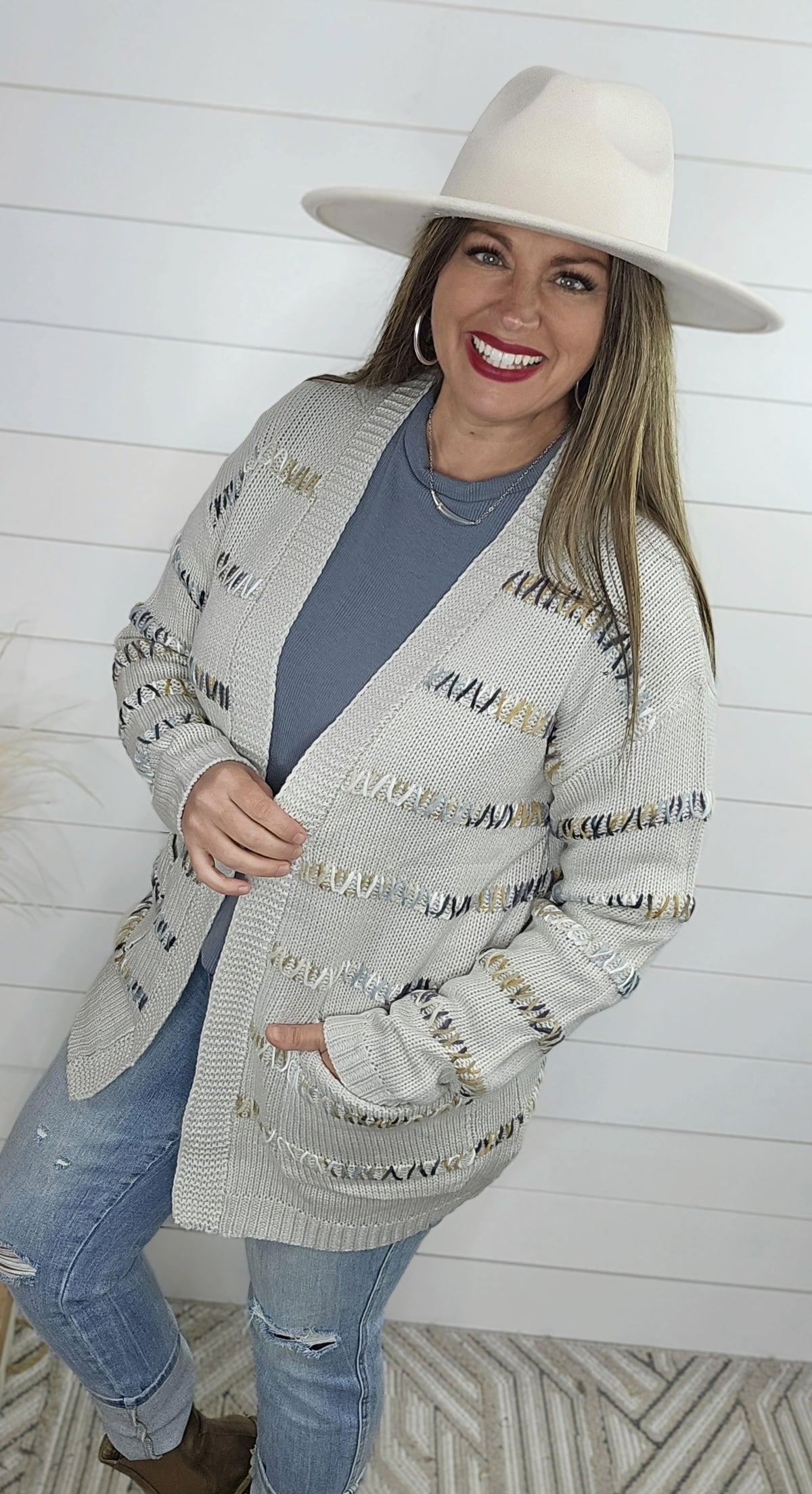 GREY MULTI COLOR STITCH STRIPED OPEN KNIT CARDIGAN