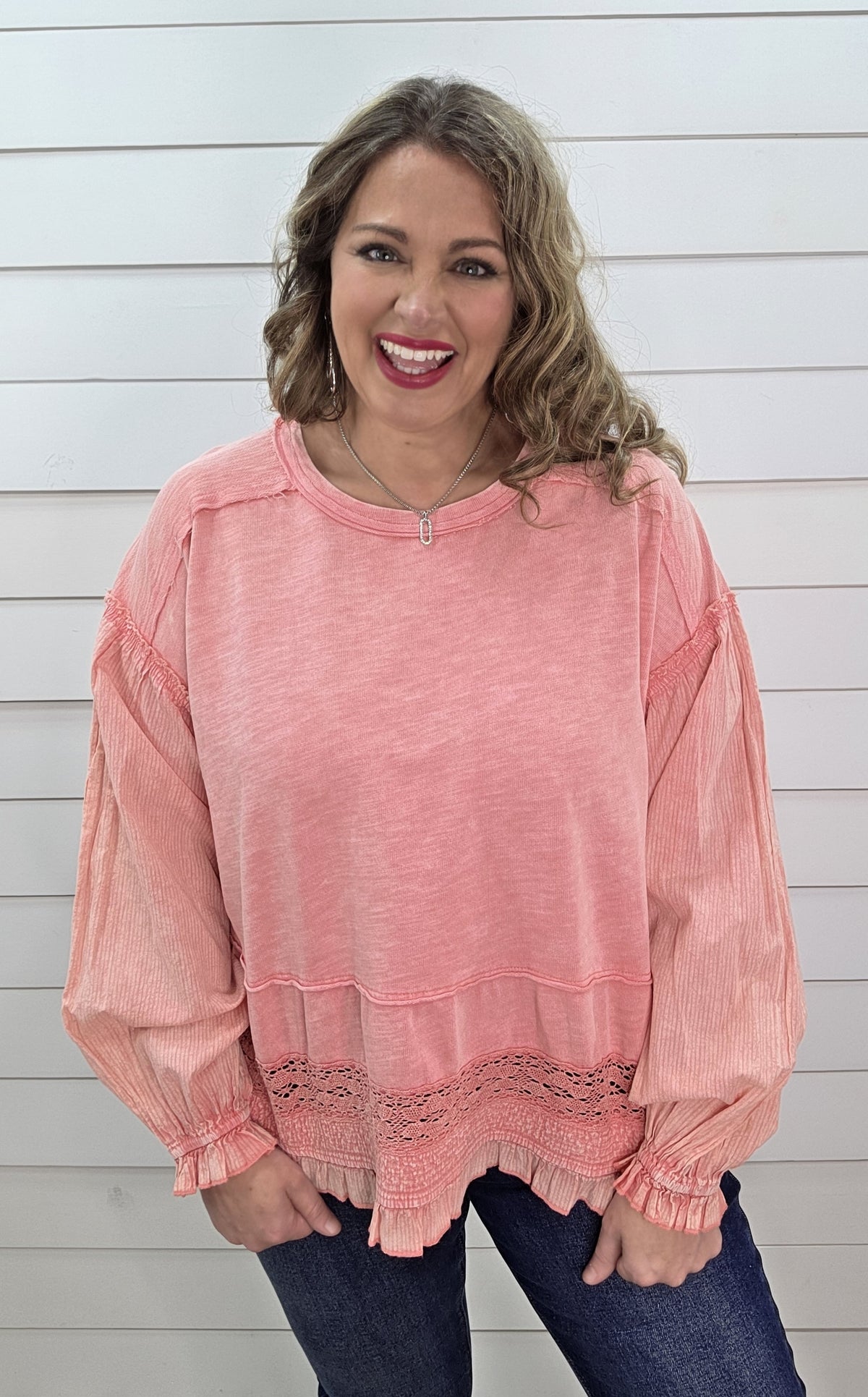 CORAL OVERSIZED MINERAL WASHED LACE TRIM TOP