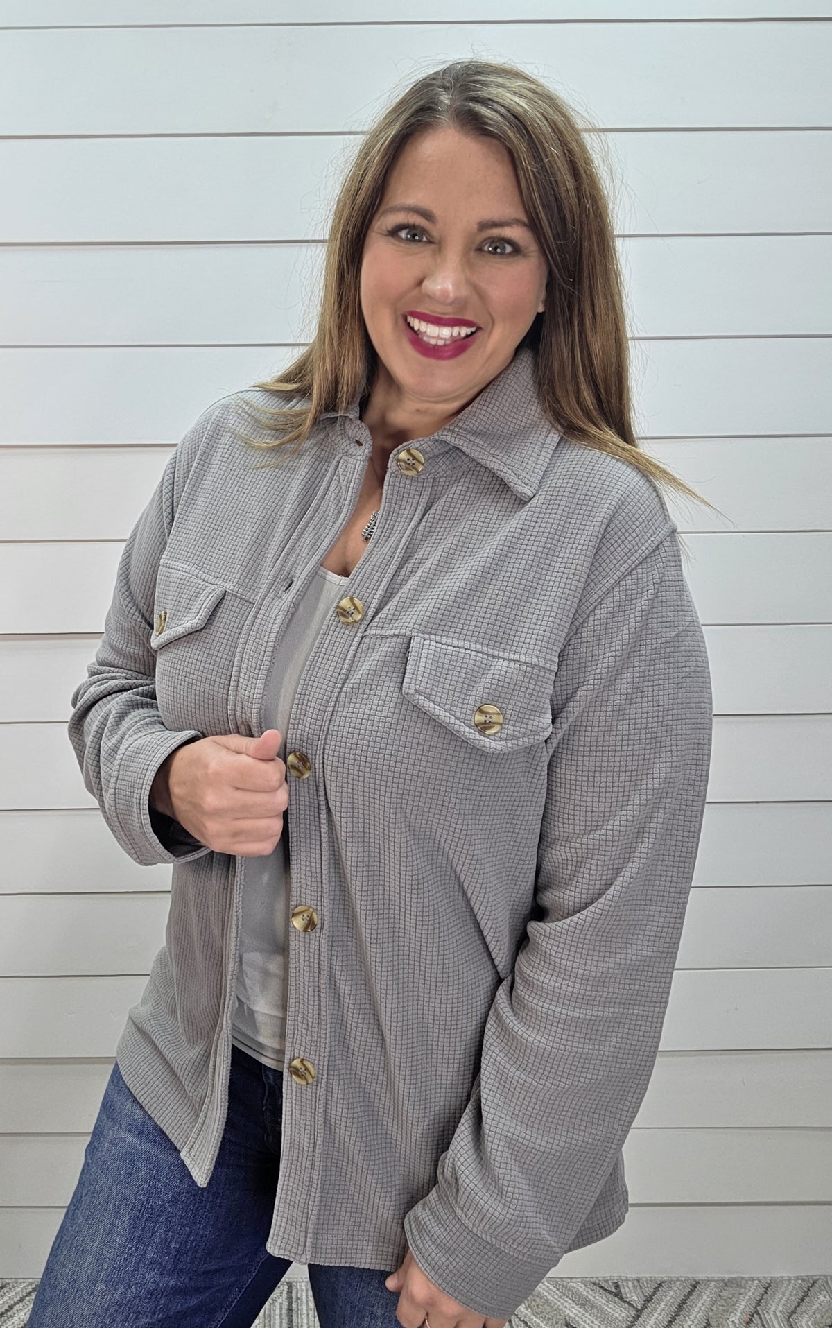GREYRAISED BRUSHED CHECKED TEXTURE BUTTON DOWN KNIT TOP