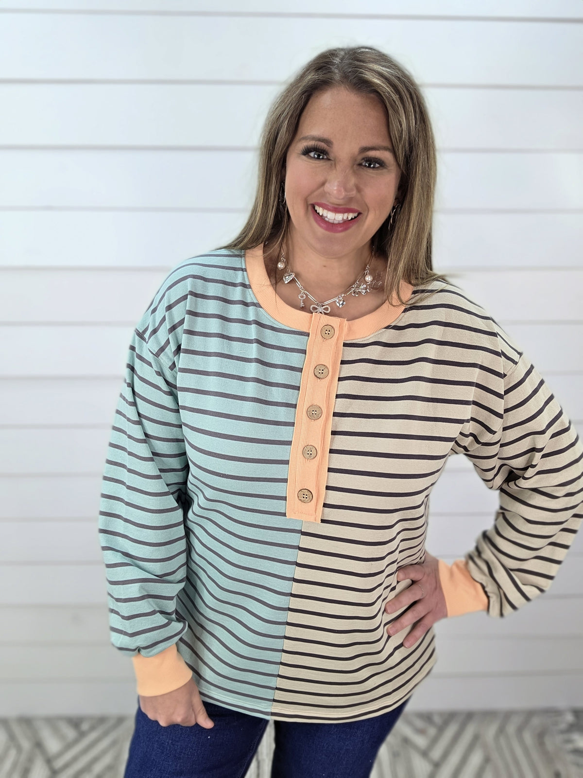 JADE/OATMEAL STRIPED CONTRAST BUTTON TRIM FRENCH TERRY TOP