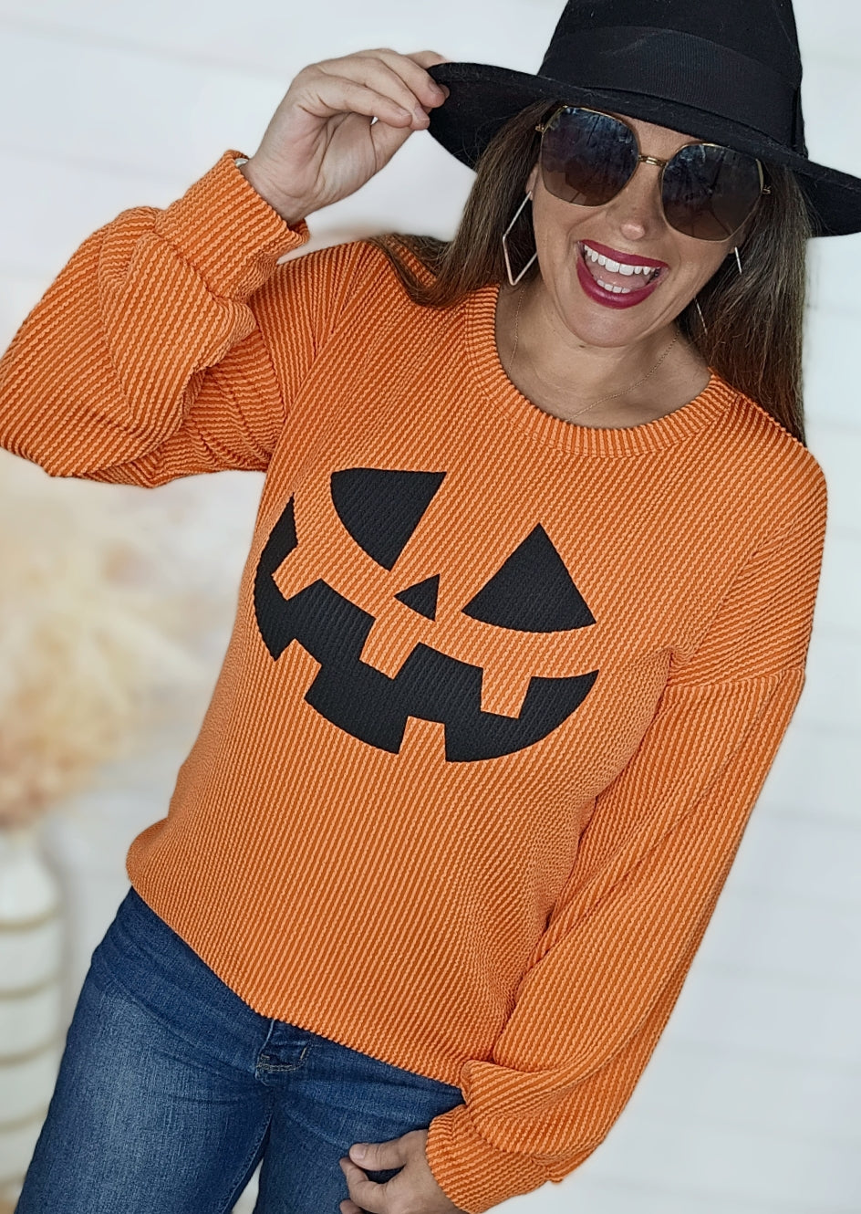 ORANGE RAISED RIBBED JACK O LANTERN TOP