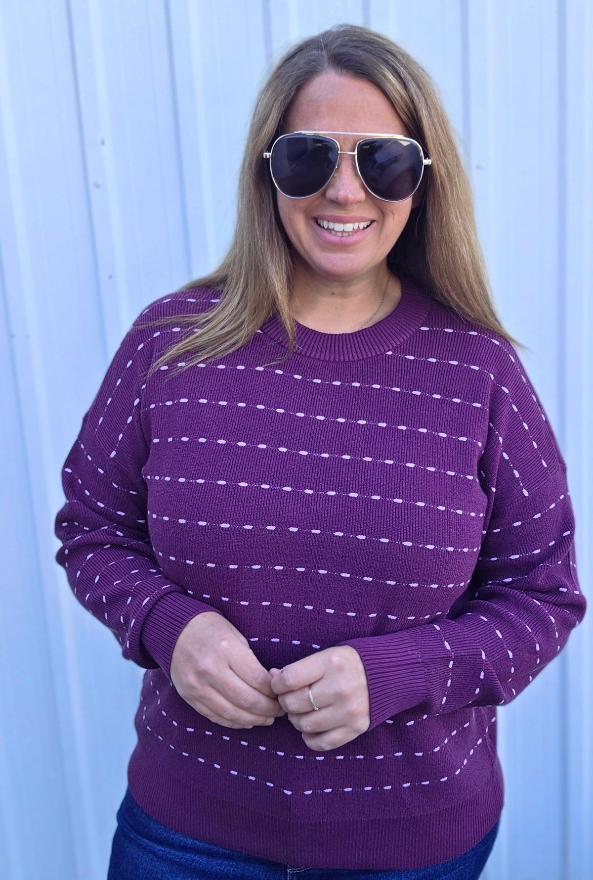 Plum Texture Striped, Crew Neck, Long Sleeve, Pullover Sweater