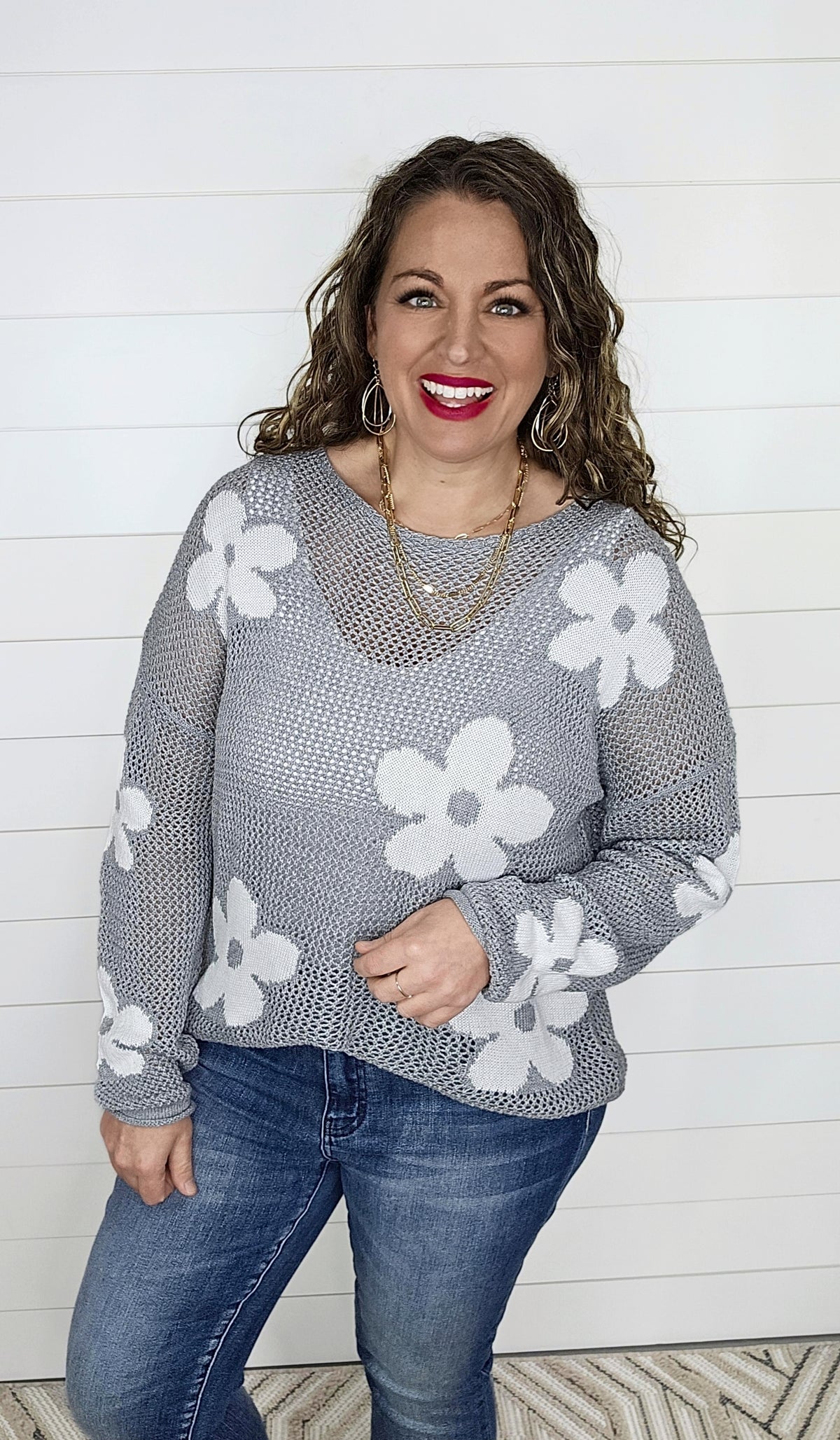 GREY OPEN WEAVE FLORAL SWEATER