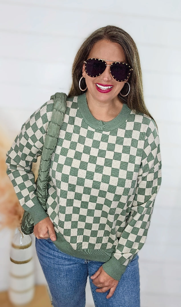 DARK MINT CHECKERBOARD CREW NECK LIGHT WEIGHT SWEATER