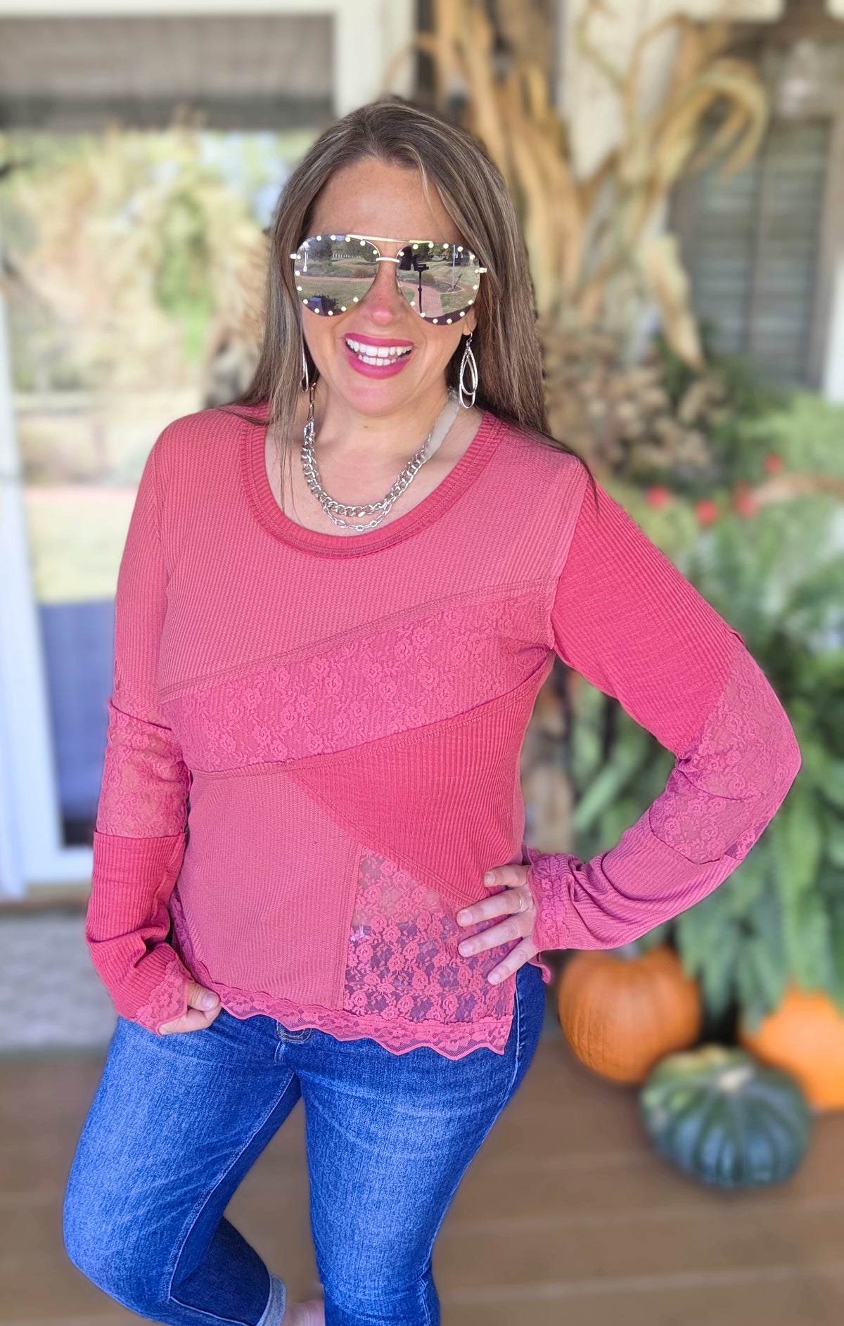 POL WAFFLE TEXTURE/LACE TRIM FITTED TOP