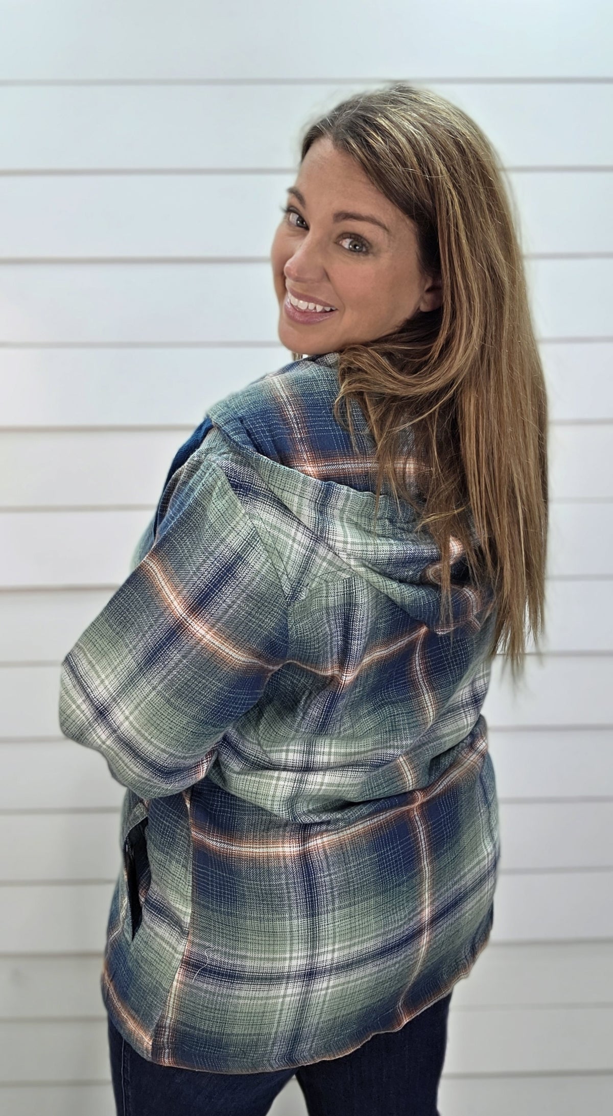 TEAL PLAID ZIP UP HOODED TOP W/ POCKETS