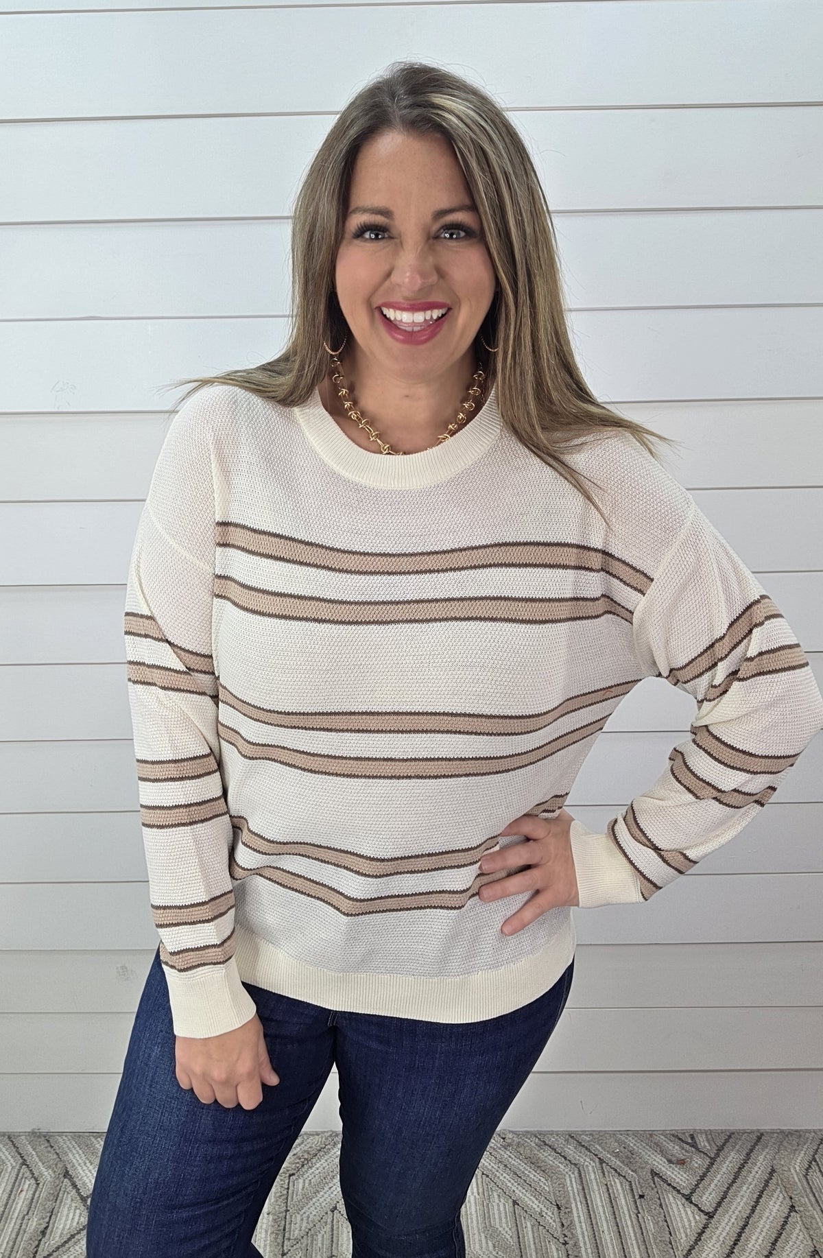IVORY/TAUPE STRIPED TEXTURED LIGHT WEIGHT KNIT TOP
