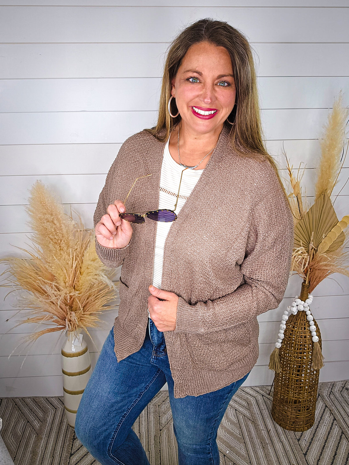 COCOA OPEN FRONT KNIT CARDIGAN W/ DROP SHOULDER AND SIDE POCKETS