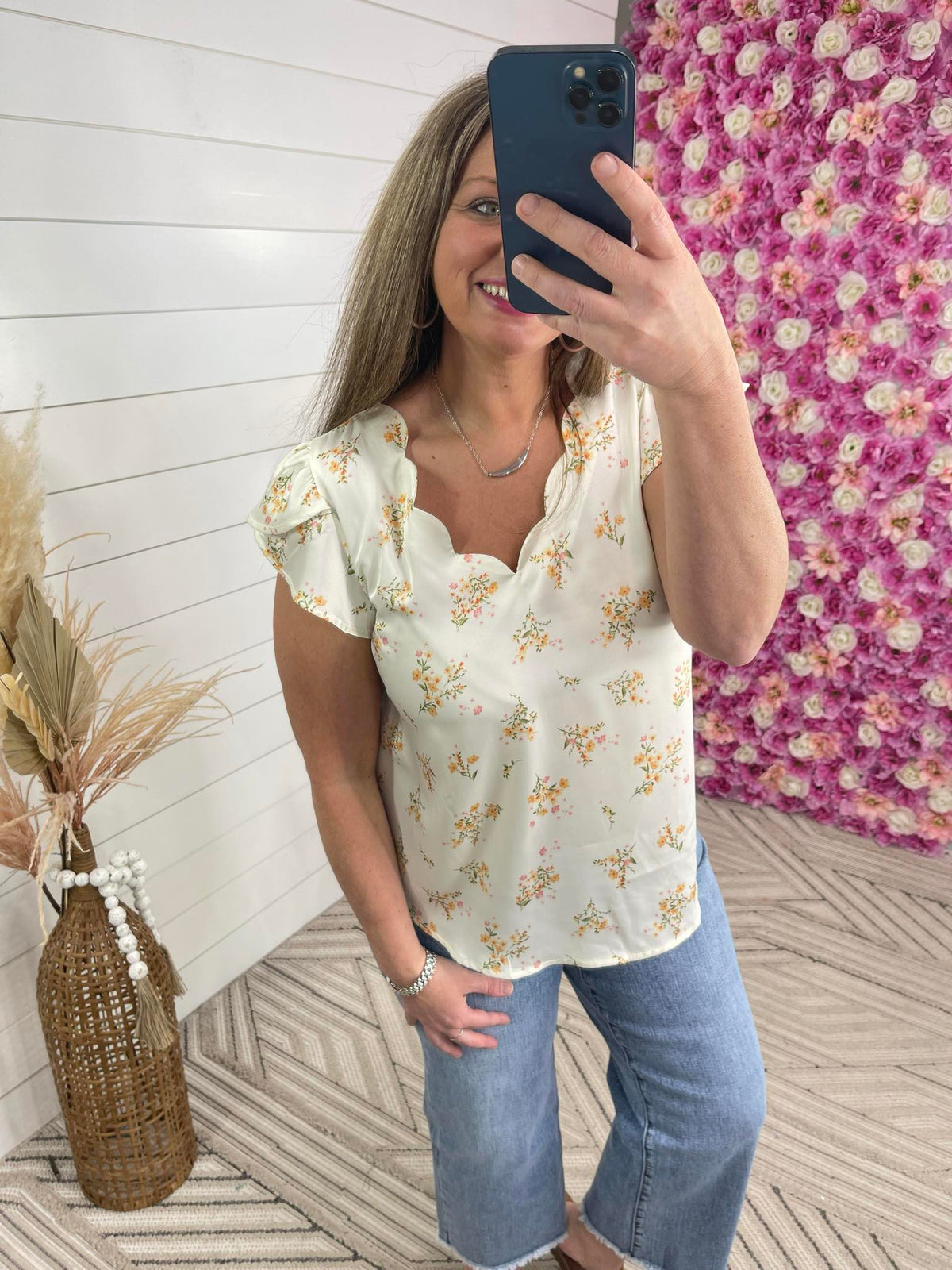 IVORY FLORAL SILKY SCALLOPED NECKLINE BLOUSE