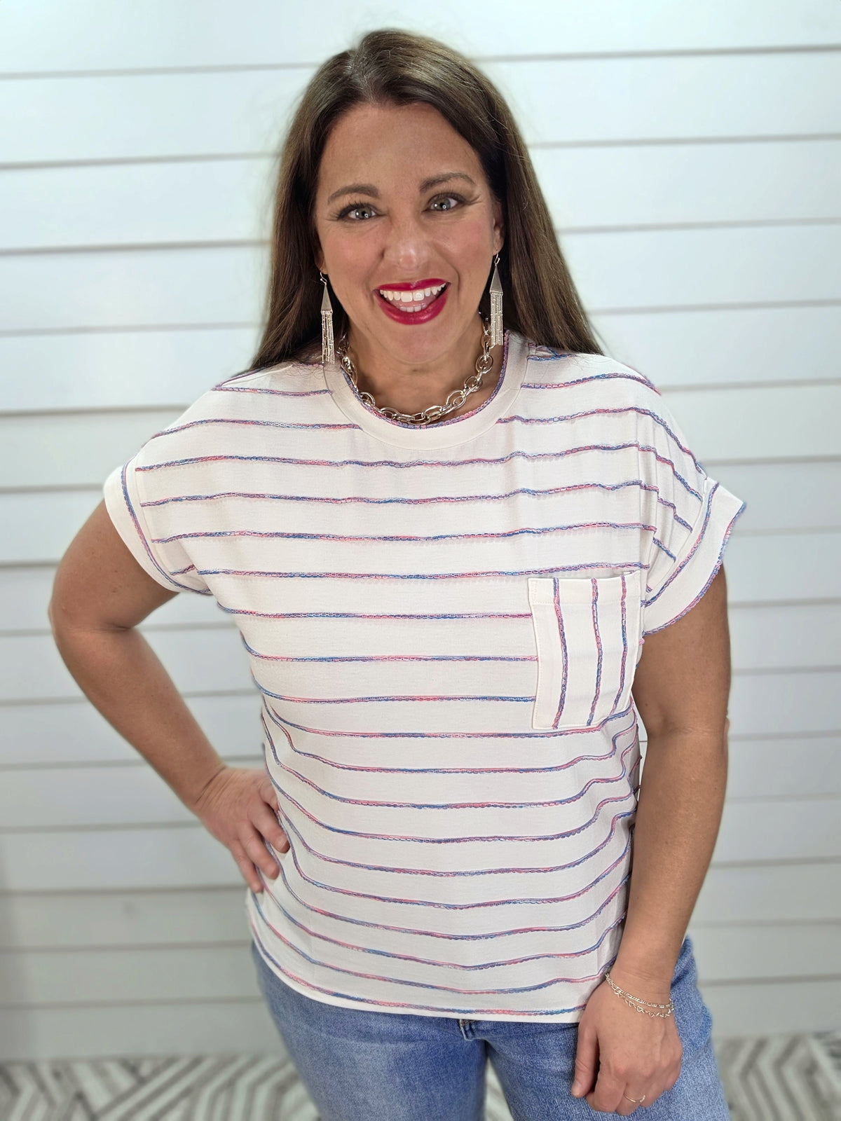 IVORY/MULTI COLOR THREAD KNIT POCKET TOP