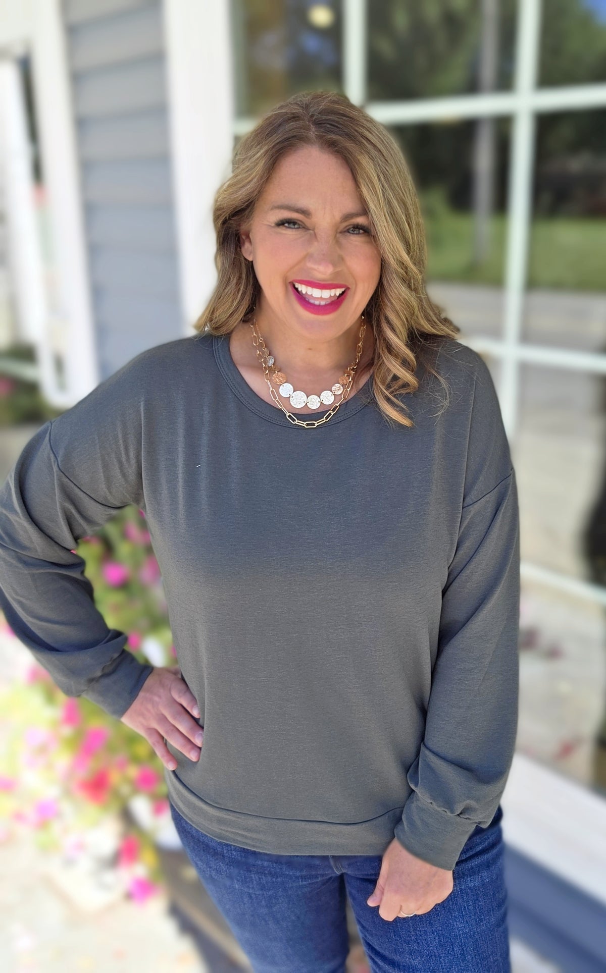 HUNTER GREEN FRENCH TERRY LONG SLEEVE TOP